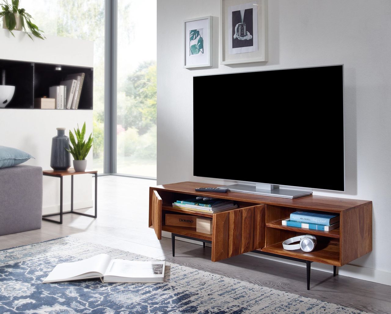 Skyport WOHNLING TV Schrank 123x42x35 cm Lowboard Holz Fernsehkommode Fernsehschrank