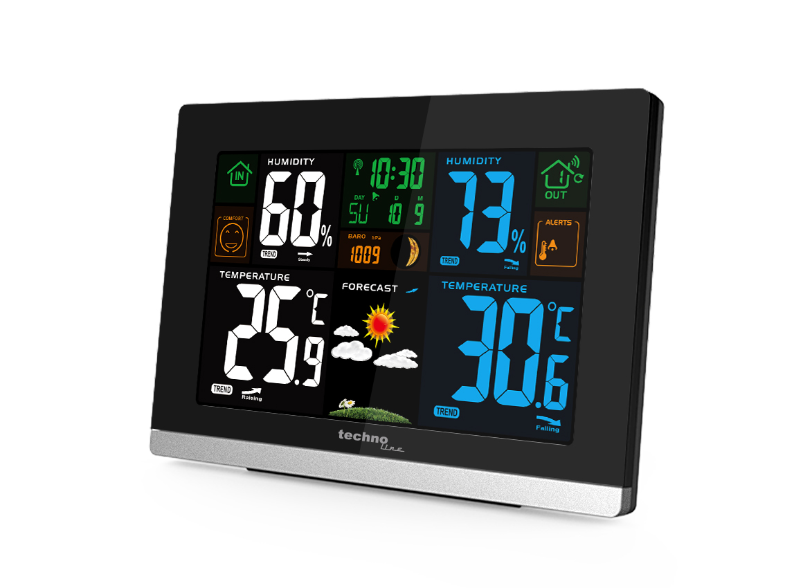 Technoline WS 6462 Funkwetterstation, Innentemperatur, Außentemperatur, Luftfeuchte, Luftdruck, Tendenzanzeige, Taupunkt, Farbdisplay, Funkuhr, Mondphasen hochglanz-schwarz,quer