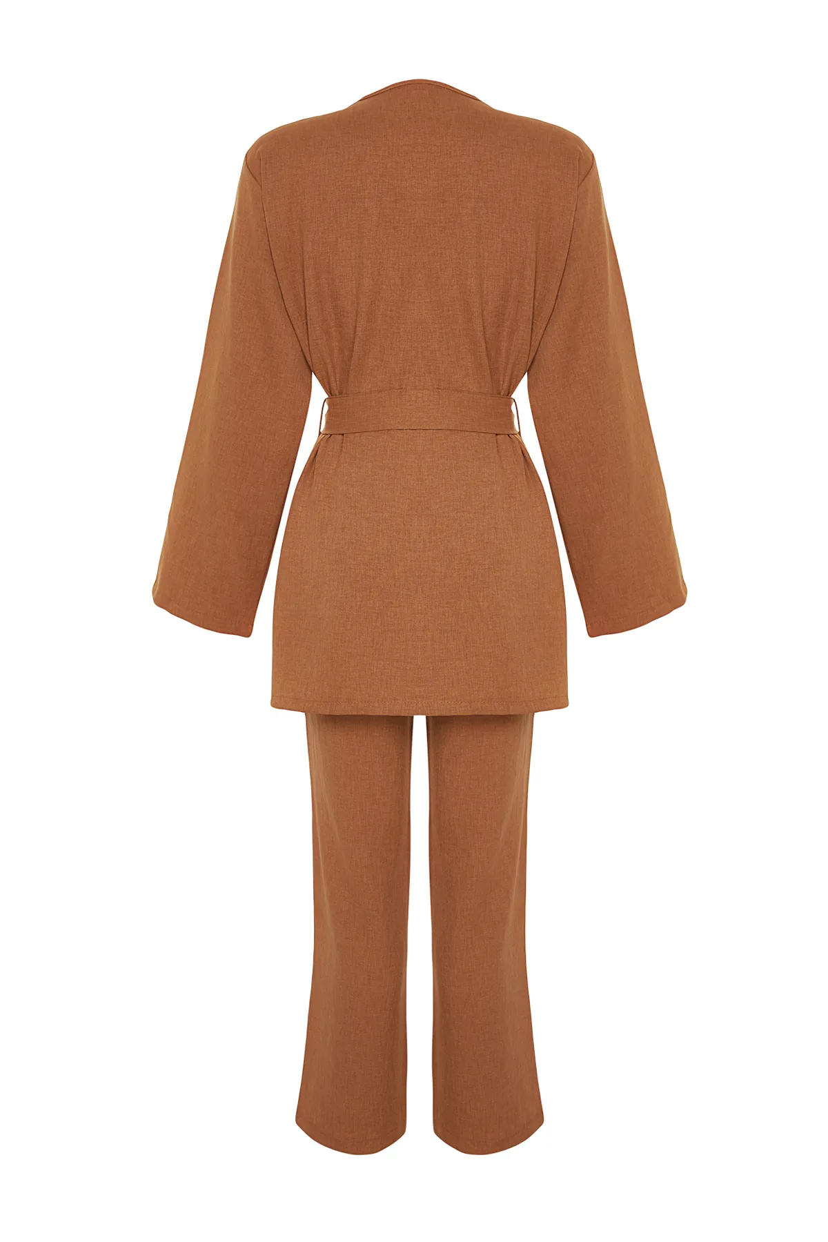 Trendyol Modest  Kamelfarbenes Kimono-Hose-Set in Leinenoptik mit Gürtel aus gewebtem Ober- und Unterteil TCTSS24US00005