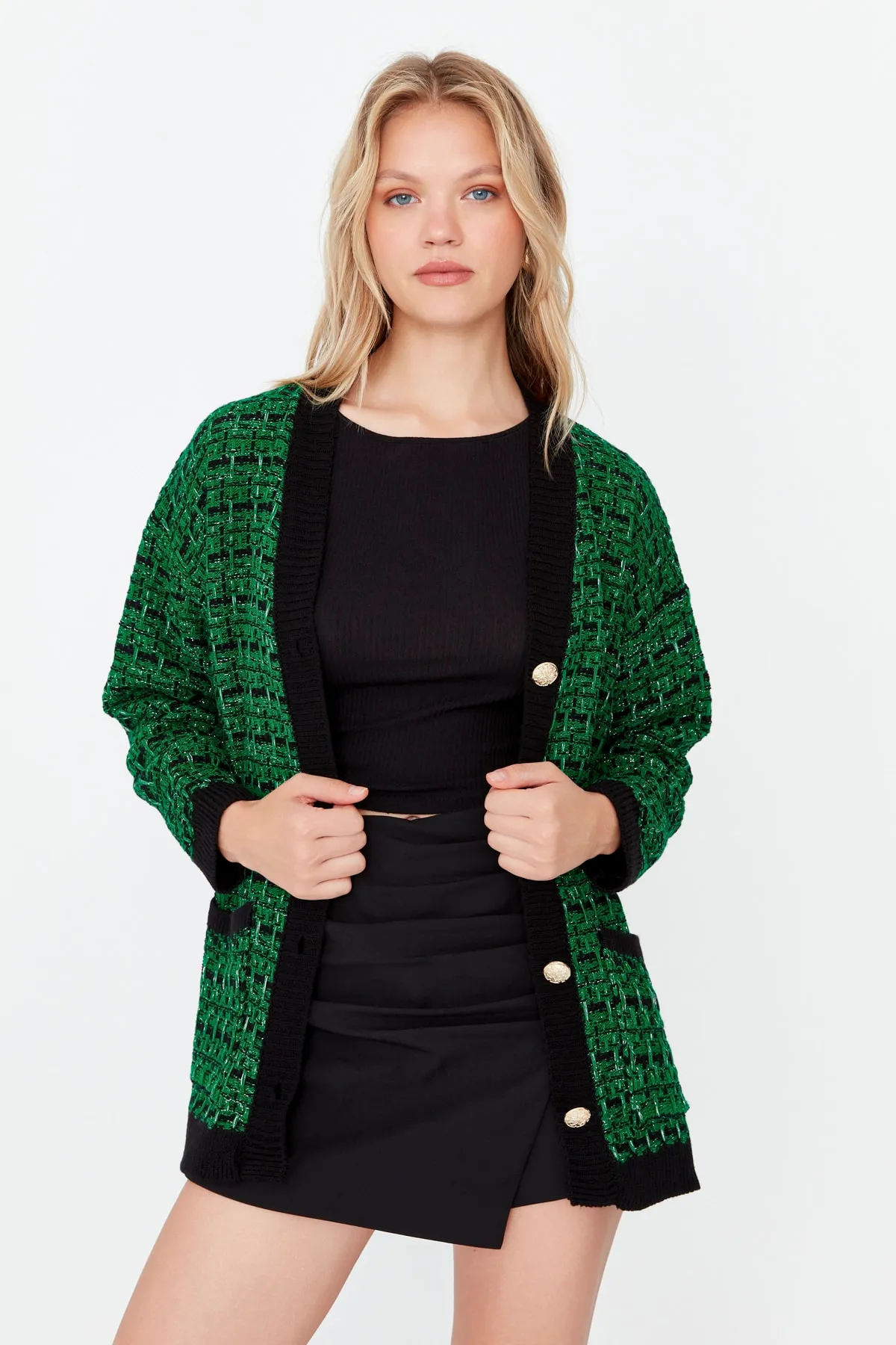 Trendyol Collection  Grüner, glitzernder Strickcardigan in Tweed-Optik mit weiter Passform TWOAW21HI0250