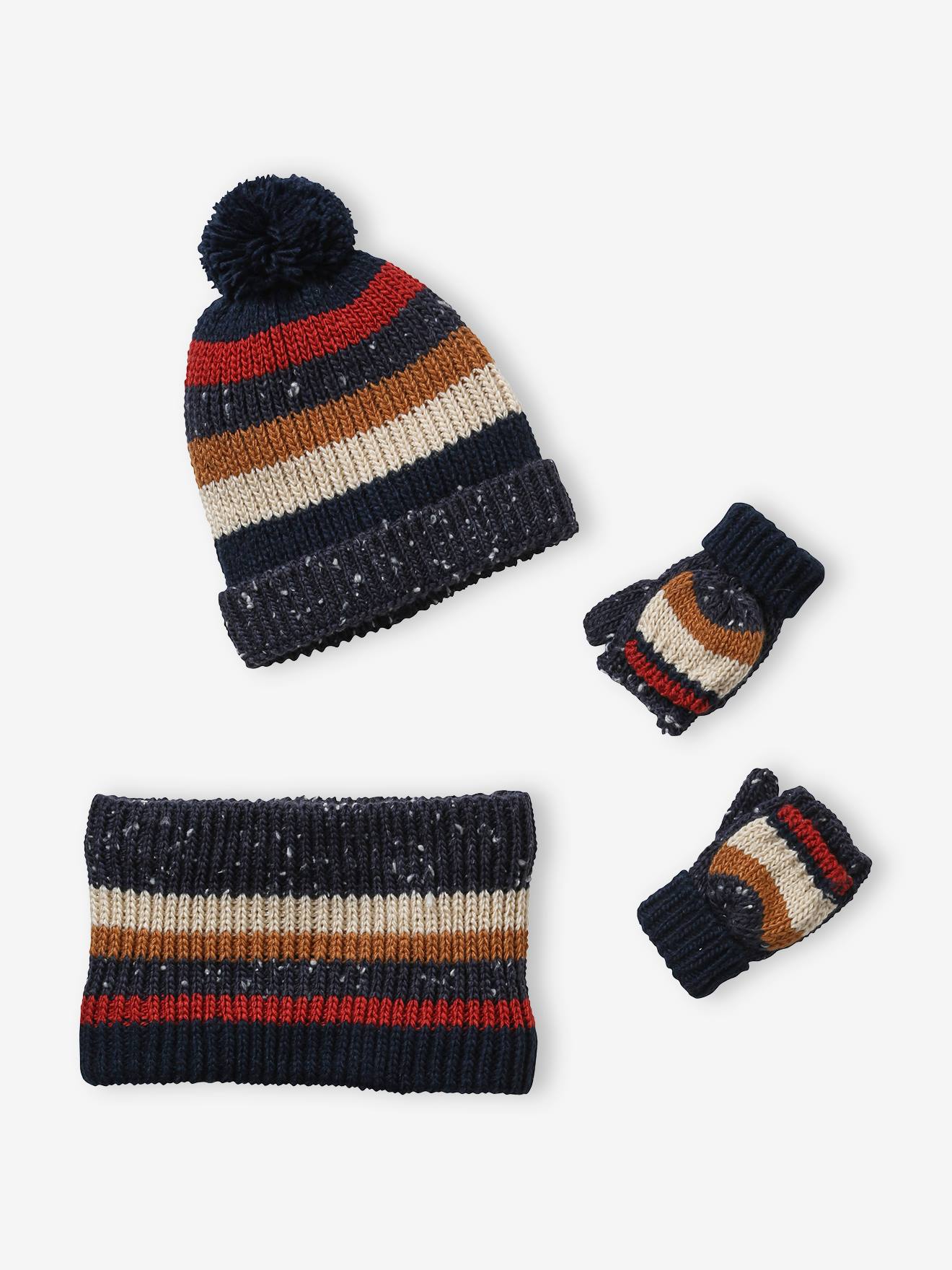 Vertbaudet Jungen Strick-Set: Mütze, Rundschal & Handschuhe, Streifen - marine