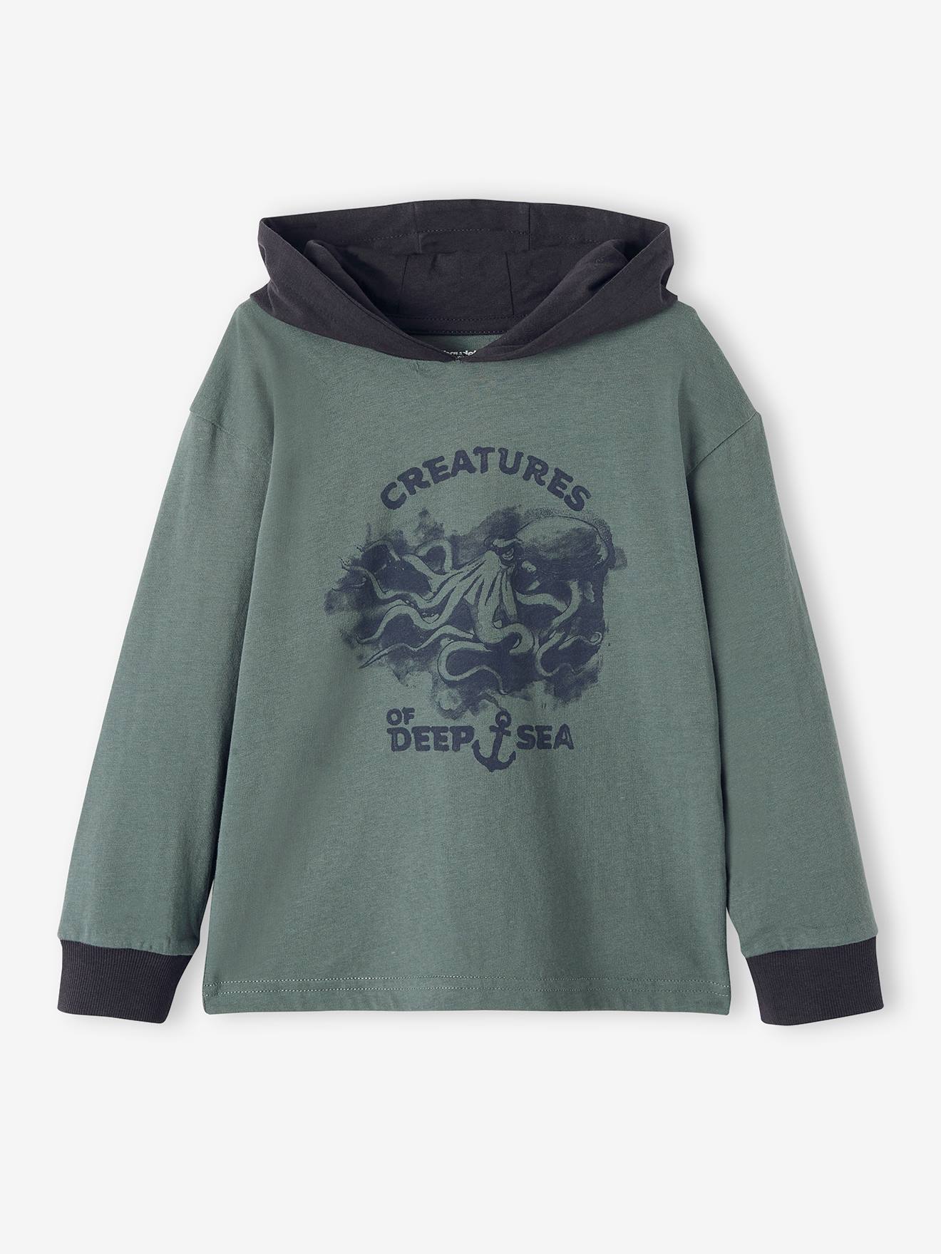 Tee-shirt à capuche motif pieuvre garçon vert grise