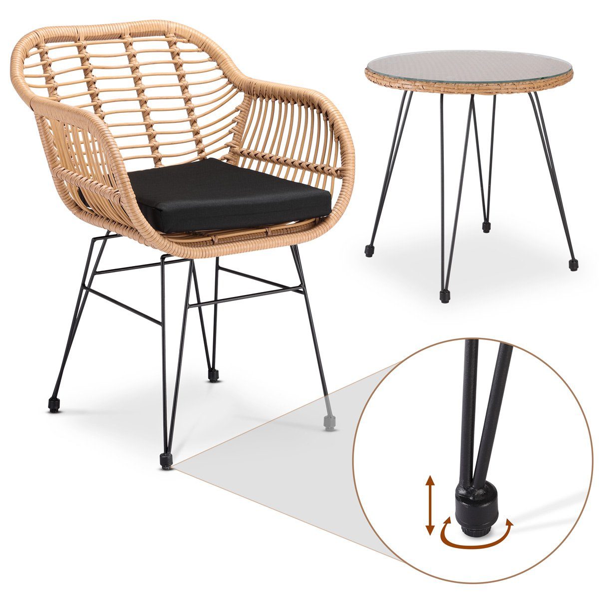 Casaria Balkonset Bali, (3-tlg), 5cm Auflagen Wetterfest 5mm Sicherheitsglasplatte Höhenverstellbar