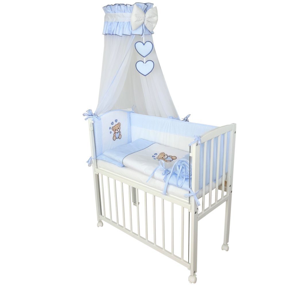 Babyhafen Beistellbett 3in1 Stubenbett, Babybettchen– Teddybär & Herzen Grau Blau Rosa, Komplettbett