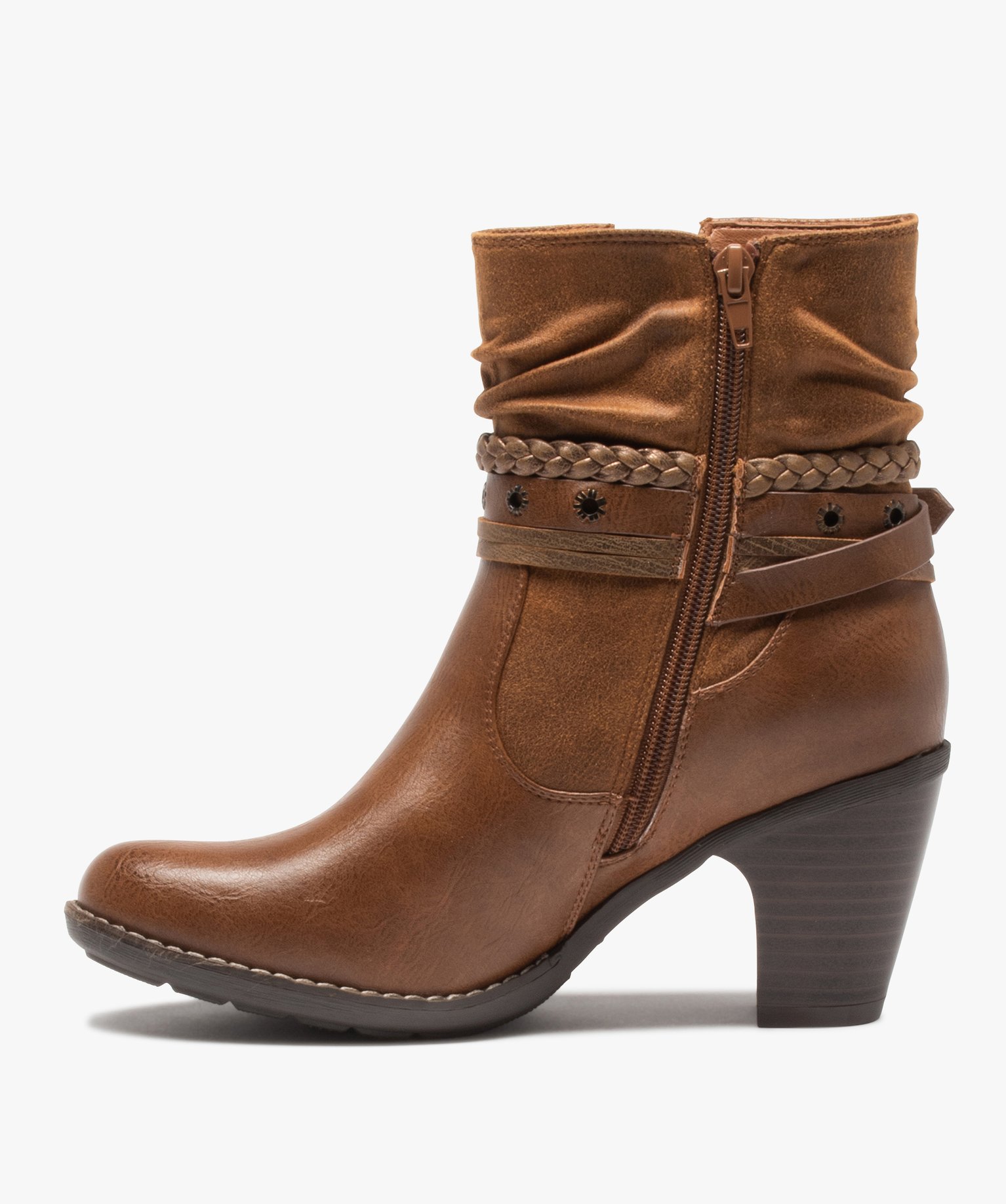 Boots femme à talon rainuré et brides fantaisie camel | GEMO