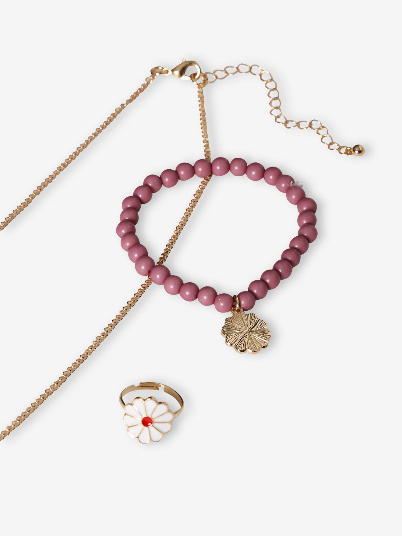 Ensemble collier + bracelet + bague marguerites mauve