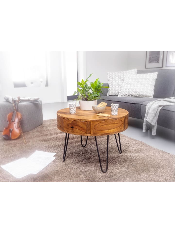 KADIMA DESIGN Couchtisch | Sheesham Massiv, Schubladen, Vintage, Rund günstig kaufen onesize