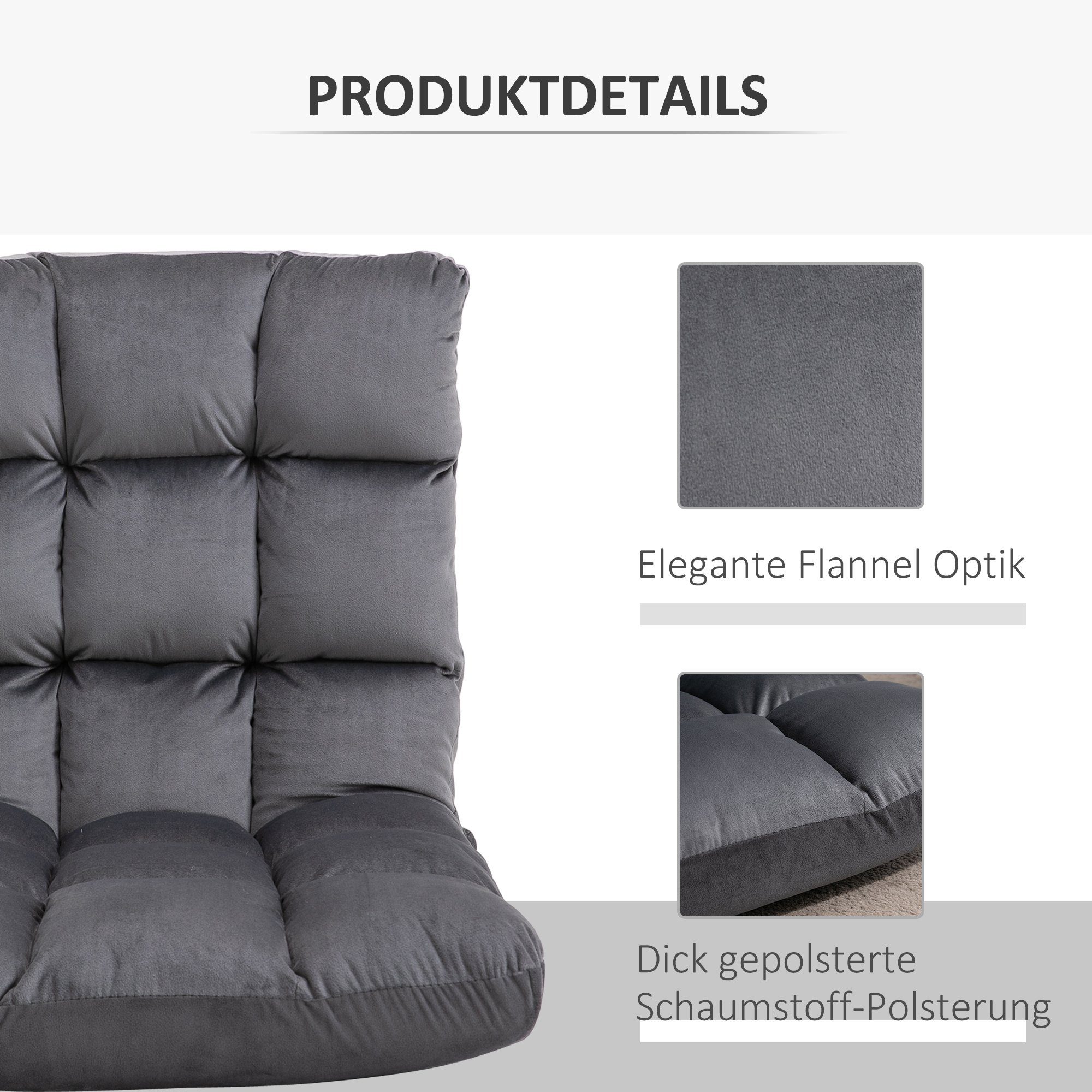 HOMCOM Sitzkissen Bodenstuhl 2-in-1 Klappbar Bodensessel mit Rückenlehne, Metall Schaumstoff Dunkelgrau 55 x 71 x 53,5 cm