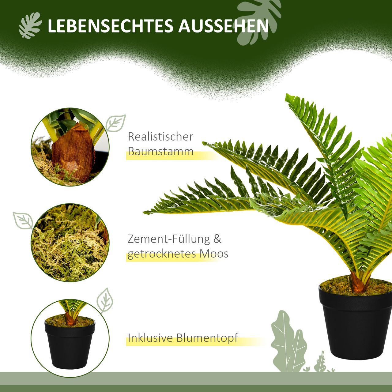 HOMCOM Künstliche Pflanze, Kunstpflanze, Kunstpalme inkl. Topf für Wohnzimmer