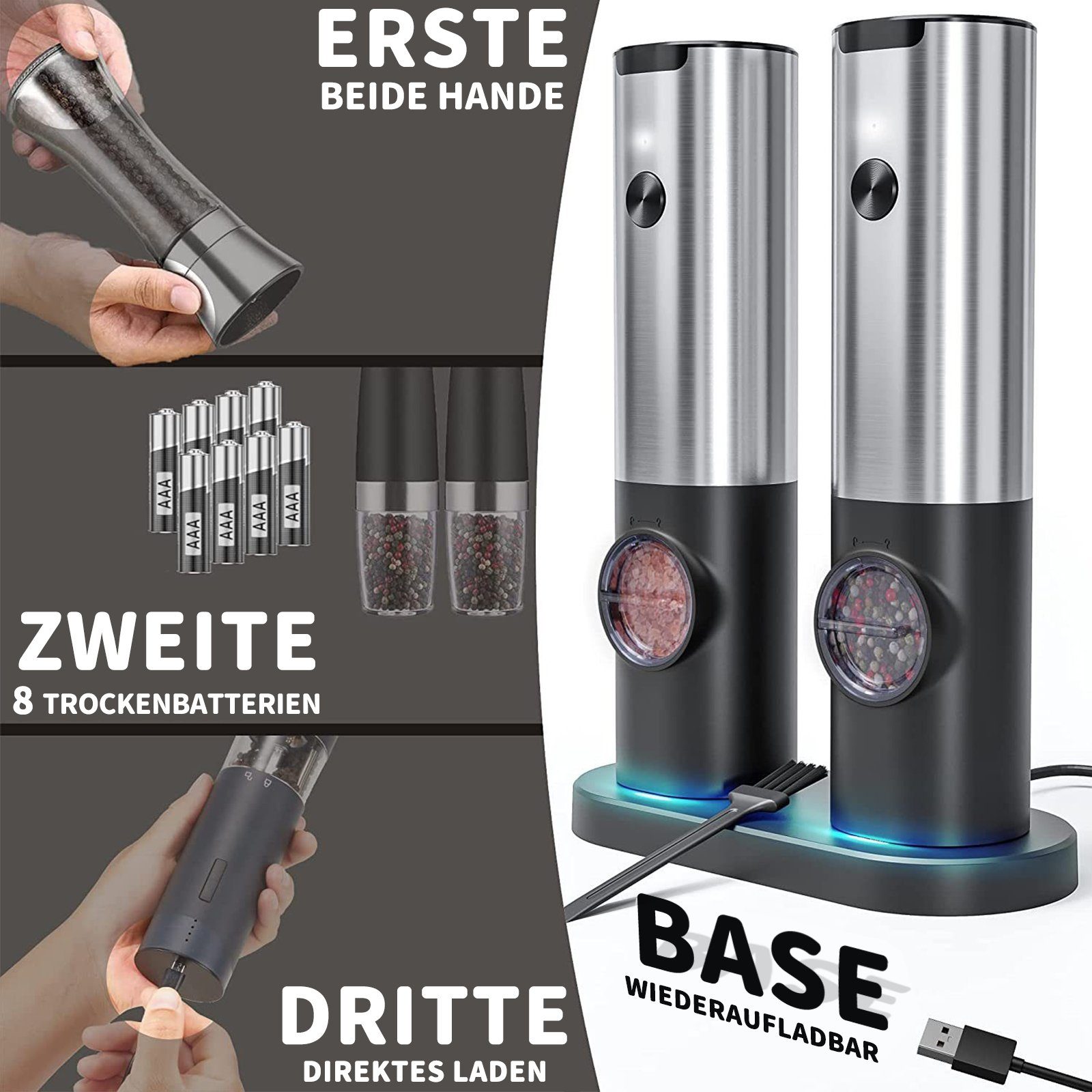 INTEBIKI Pfeffermühle Salz und Pfeffermühle Elektrisch mit Basis,Wiederaufladbare USB Automatischer Betrieb Salzmühle mit LED-Licht,Edelstahl-Einhand-Küchenhelfermühle, (2 Stück), Einstellbare Grobkörnigkeit(2 Stück Gewürzmühle Elektrisch)