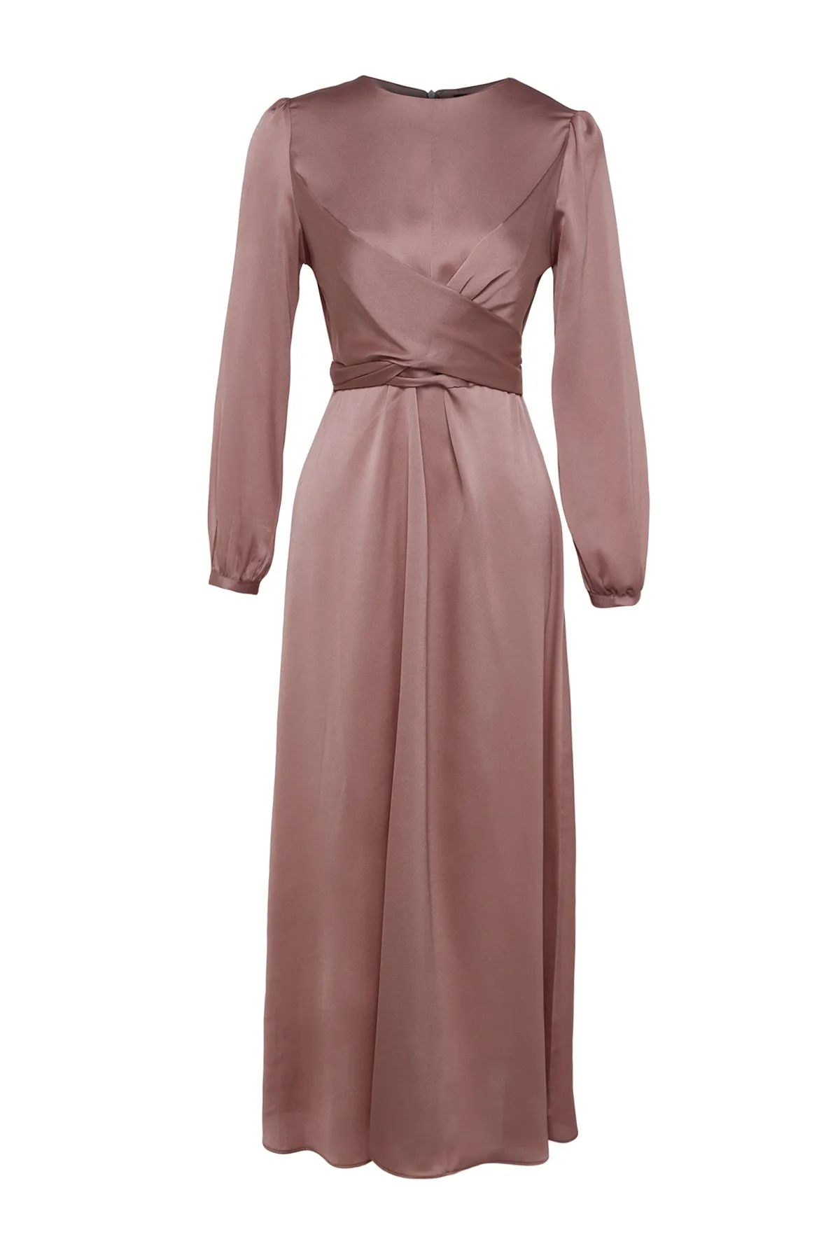 Trendyol Modest  Rosa Satin-Abendkleid mit überkreuzten Bindedetails TCTAW22EB0105