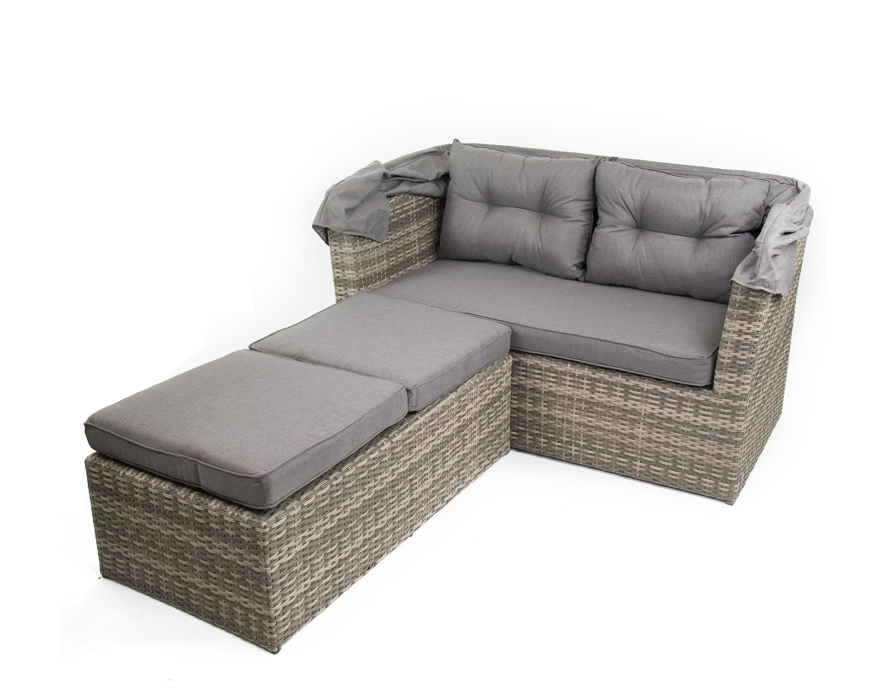 bellavista - Home&Garden® Strandkorb Multifunktionslounge - Strandkorb Long Island, BxTxH: 145x80x152 cm, Modern, (Set, 7-tlg., inkl. Sitz und Rückenkissen), 2-sitzer Sofa ca. 145x80x80,5cm (BxTxH) und 145x80x152cm (BxTxH) mit aufgeklapptem Dach, Fuß
