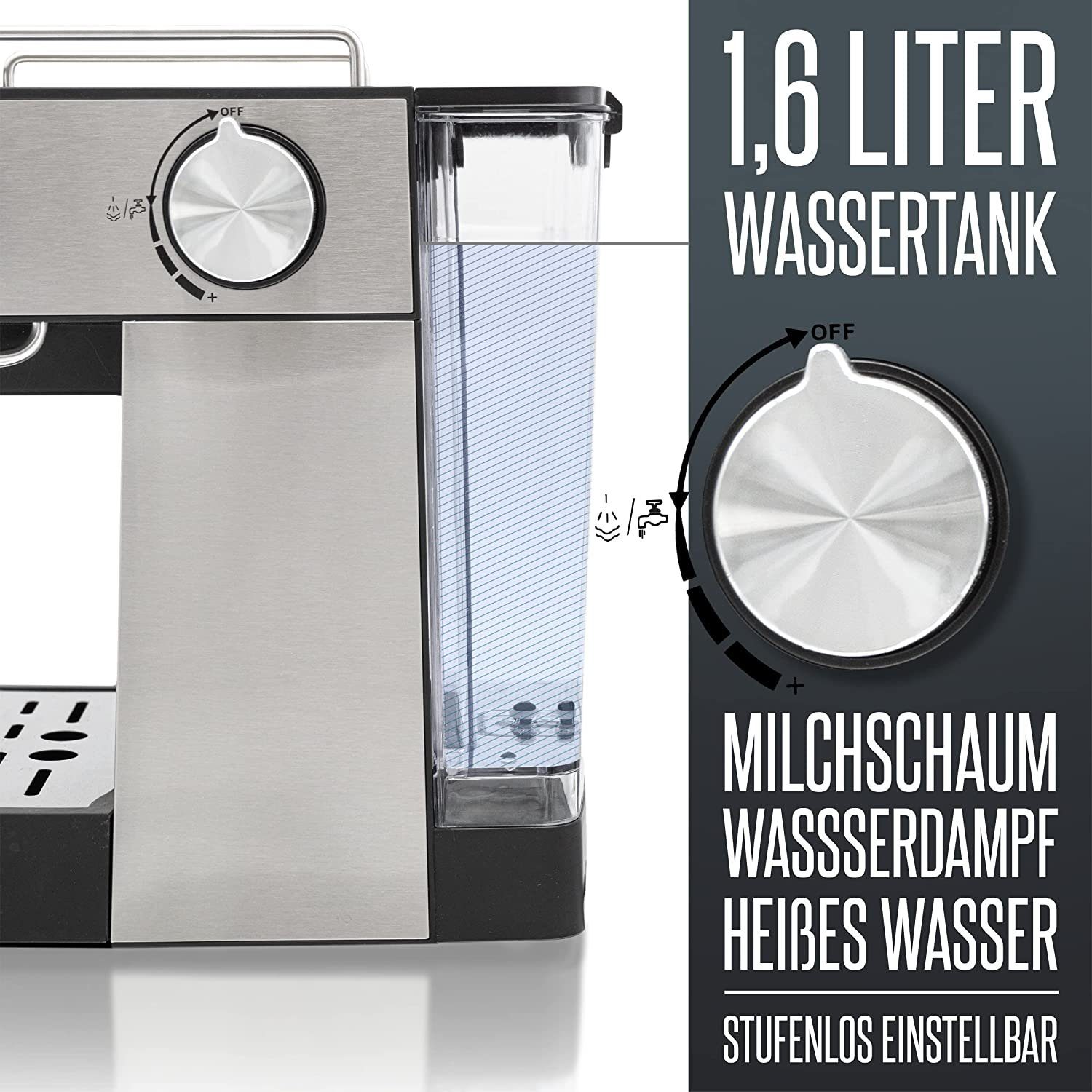 Heinrich´s Espressomaschine HES 8688, Edelstahlfilter, 20Bar Ulka Pumpe, Milchaufschäumer mit Barista Zubehör 1,6L