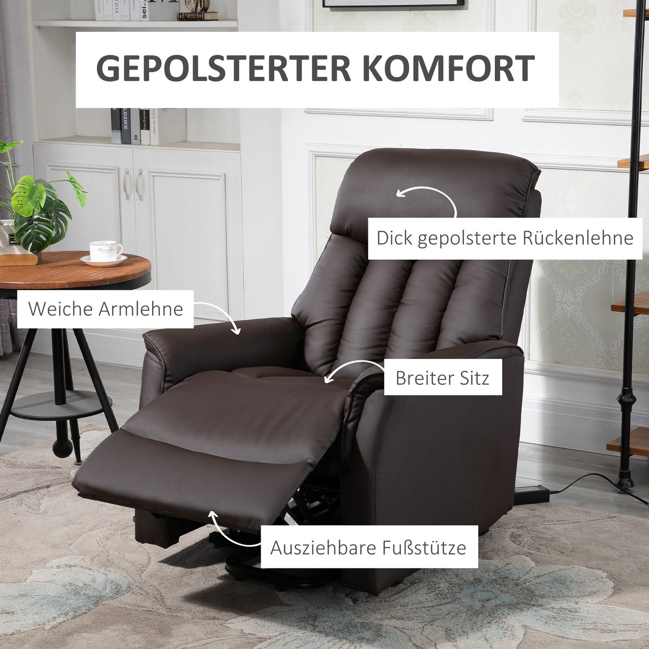 HOMCOM Aufstehsessel mit Aufstehhilfe Fernsehsessel Liegefunktion Braun