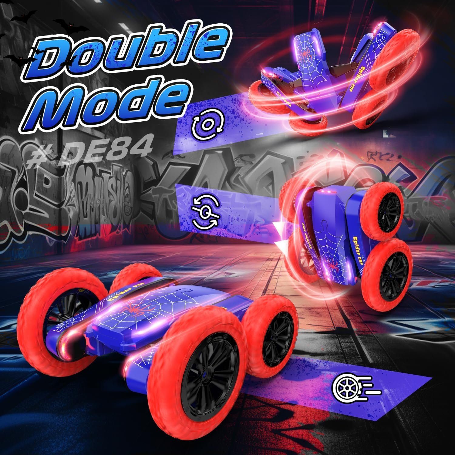 DEERC Ferngesteuertes Auto 4WD 360° Flip Stuntauto mit LED Blinken Spielzeug-Drohne (2,4 GHz Rock Crawler, 2 Batterien und Geburtstagsgeschenk für Kinder)