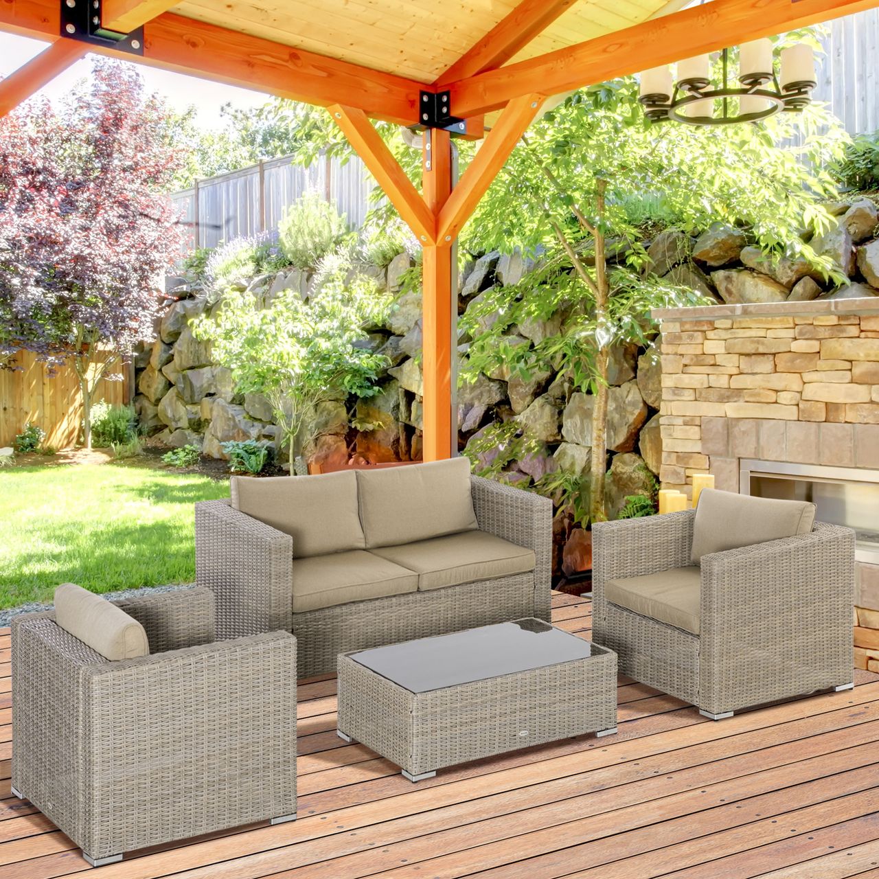 Outsunny 4-tlg. Polyrattan Gartenmöbel Set Gartengarnitur Garten-Set Sitzgruppe Loungeset Loungemöbel mit Couchtisch Sitzkissen Khaki Beige