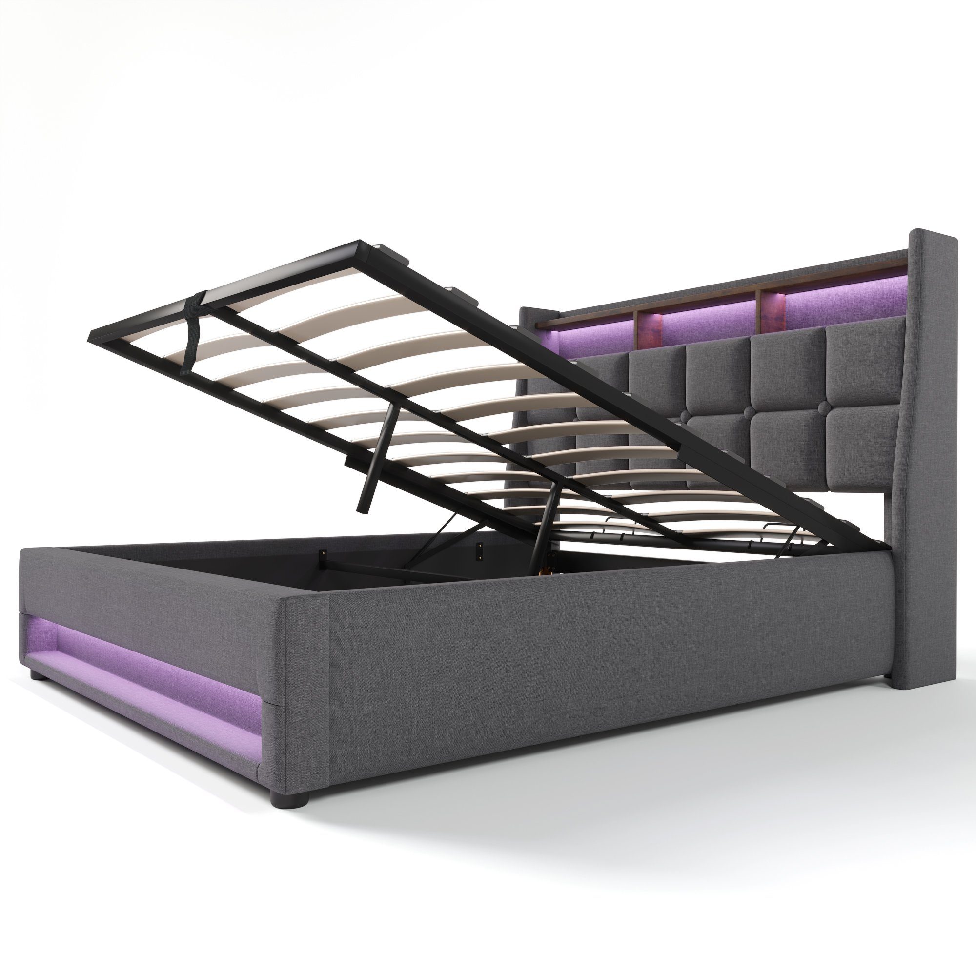 OKWISH Polsterbett Bett (LED Doppelbett Jugendbett mit USB/Typ-C Ladeanschluss), 160 x 200 cm Inklusive Matratze