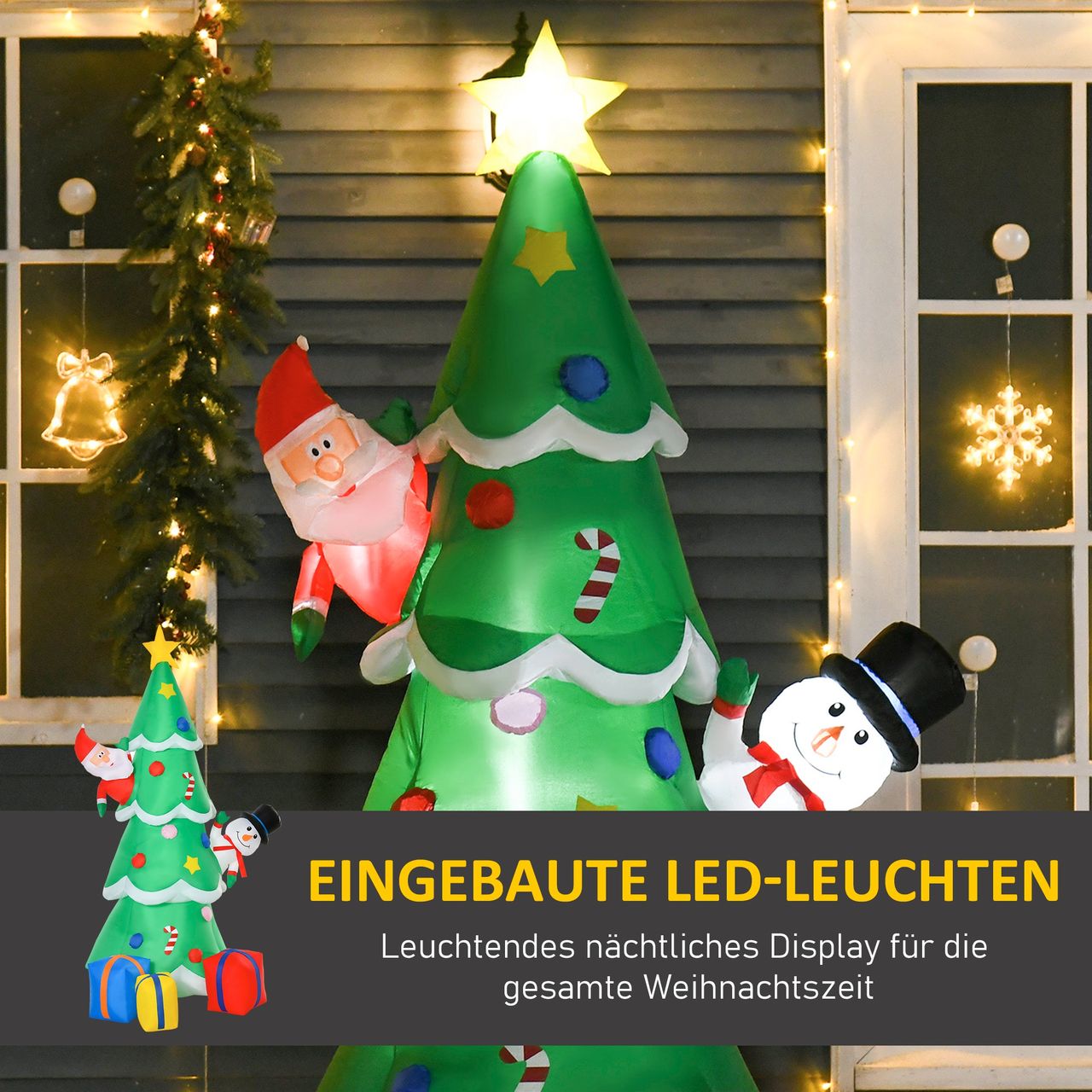 HOMCOM Aufblasbarer Weihnachtsbaum mit Weihnachtsmann Schneemann und Geschenkbox 210 cm Weihnachtsbeleuchtung LED Selbstaufblasend Polyester Grün 144 x 125 x 210 cm