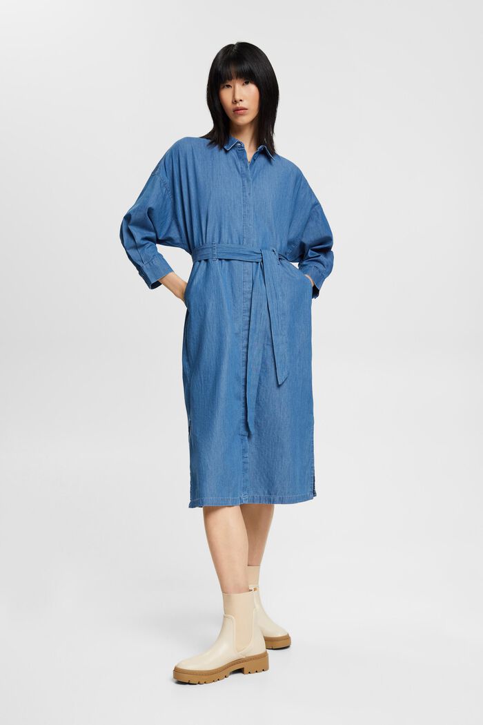 Midikleid aus Baumwoll-Denim mit Bindegürtel