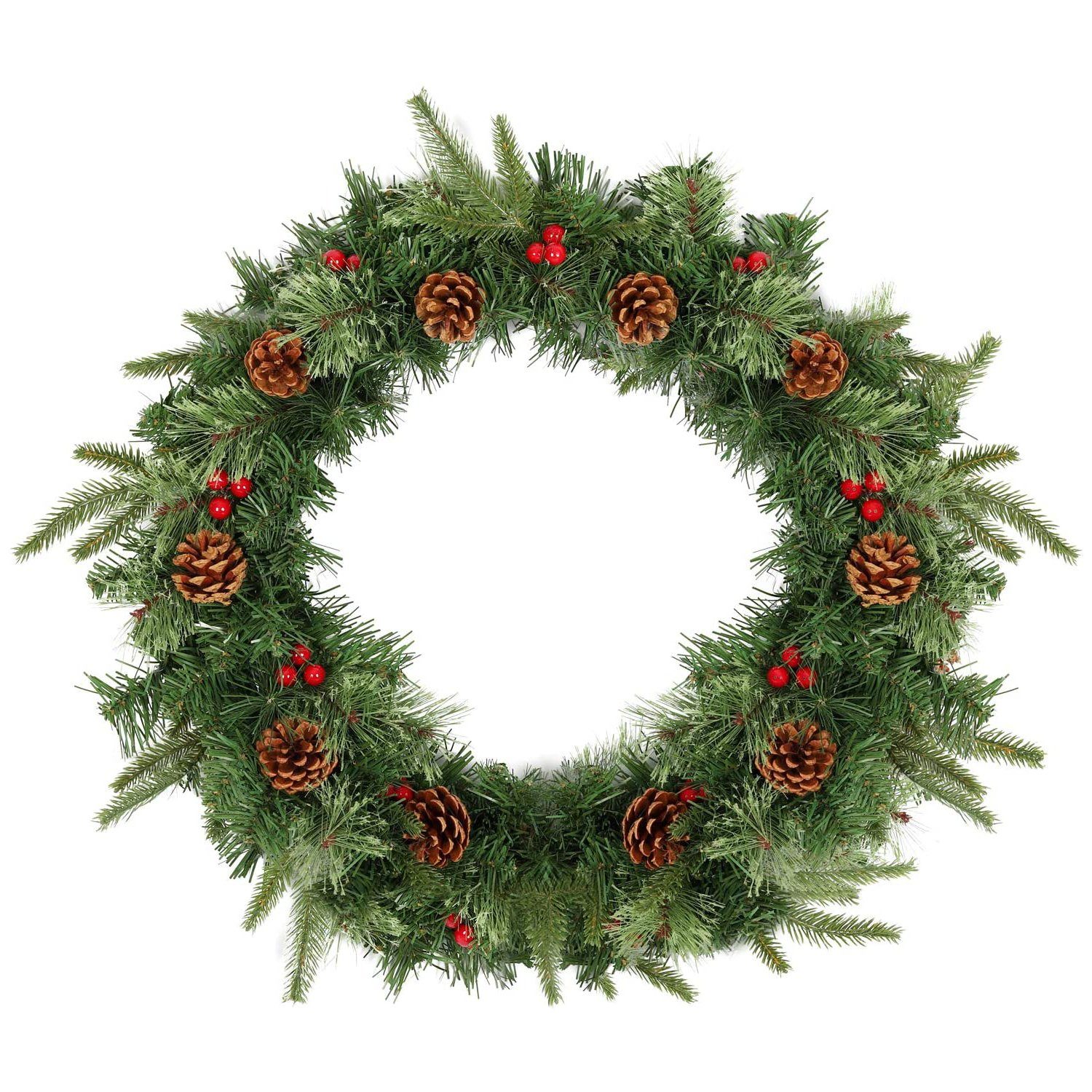 Salcar Adventskranz Ø60cm Kunstkranz Weihnachten Weihnachtskranz Dekokranz Türkranz Deko, Mit 140 Tannenspitzen, 10 Tannenzapfen und 30 Rote Beeren