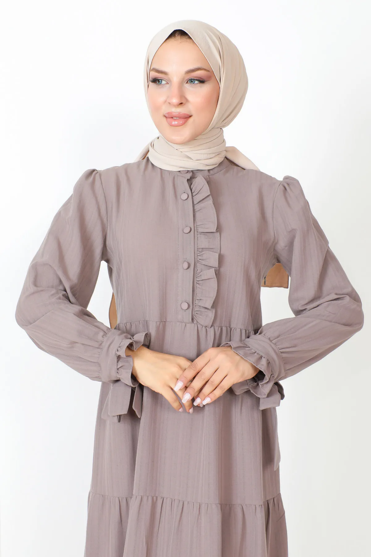 Tesettür Dünyası  Hijab-Kleid mit gebundenen Ärmeln TSD221207 Nerz