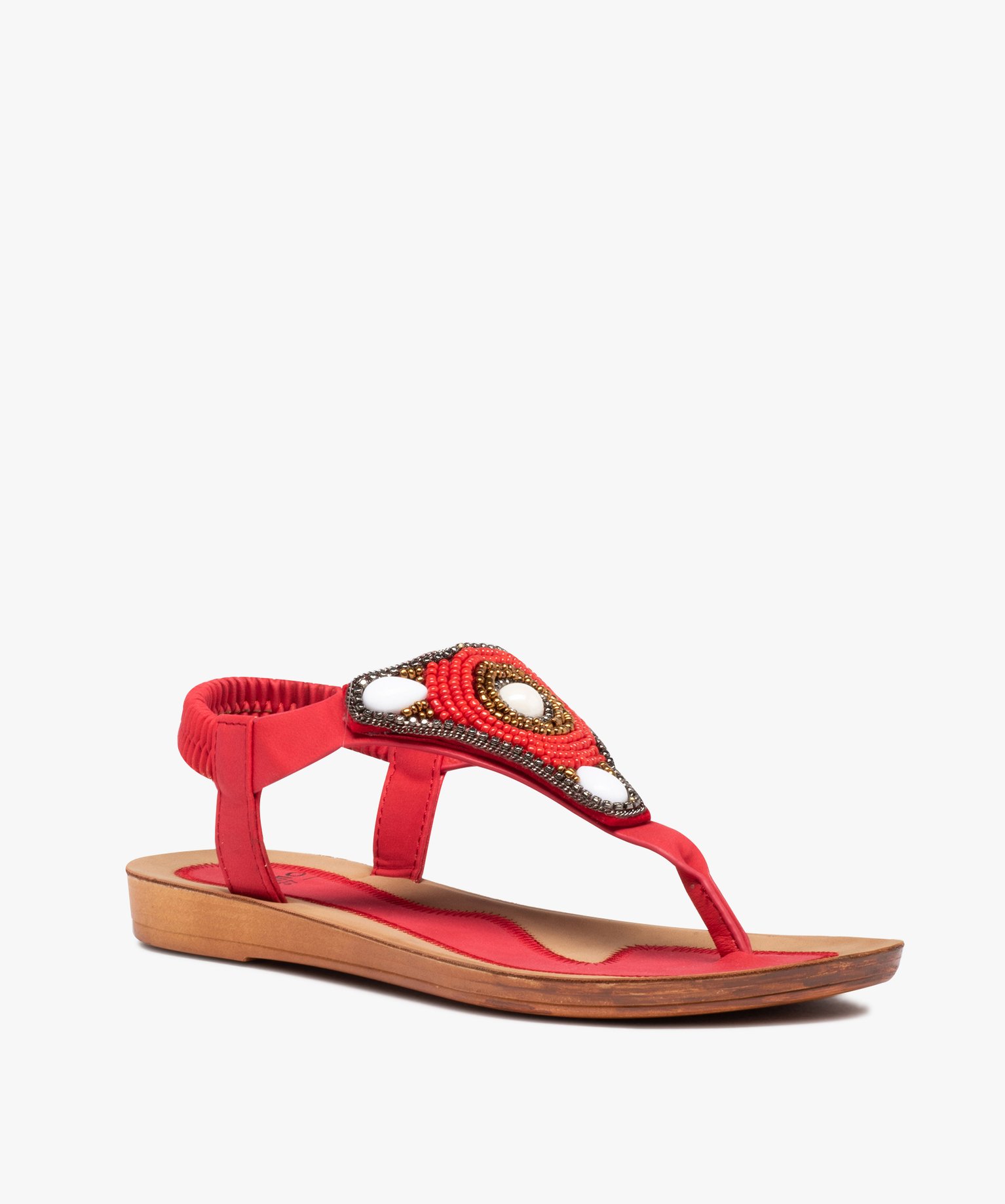 Sandales femme plates à entre-doigts orné de perles rouge | GEMO