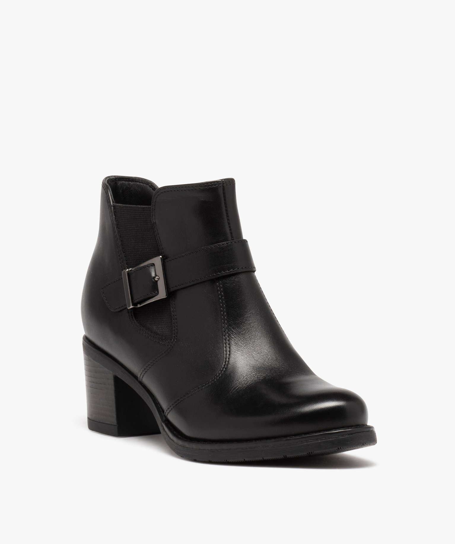 Boots femme dessus en cuir uni à talon carré noir | GEMO