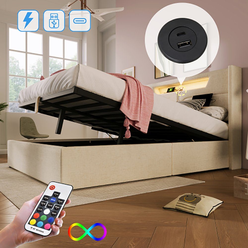 Sweiko Polsterbett, Stauraumbett mit Ladefunktion und LED-Beleuchtung, 140*200cm
