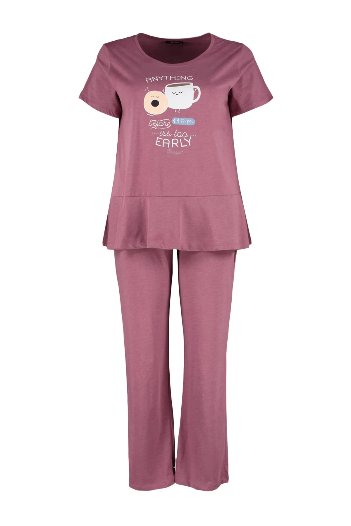 Trendyol Curve  Weinrotes bedrucktes kurzärmliges Strick-Pyjama-Set TBBSS23AI00008