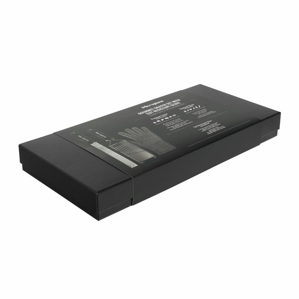 Microplane Küchenreibe Gourmet-Geschenkset 3-tlg., Edelstahl, Kunststoff, Gummi, (Set, 3-St), mit Schnittschutzhandschuh