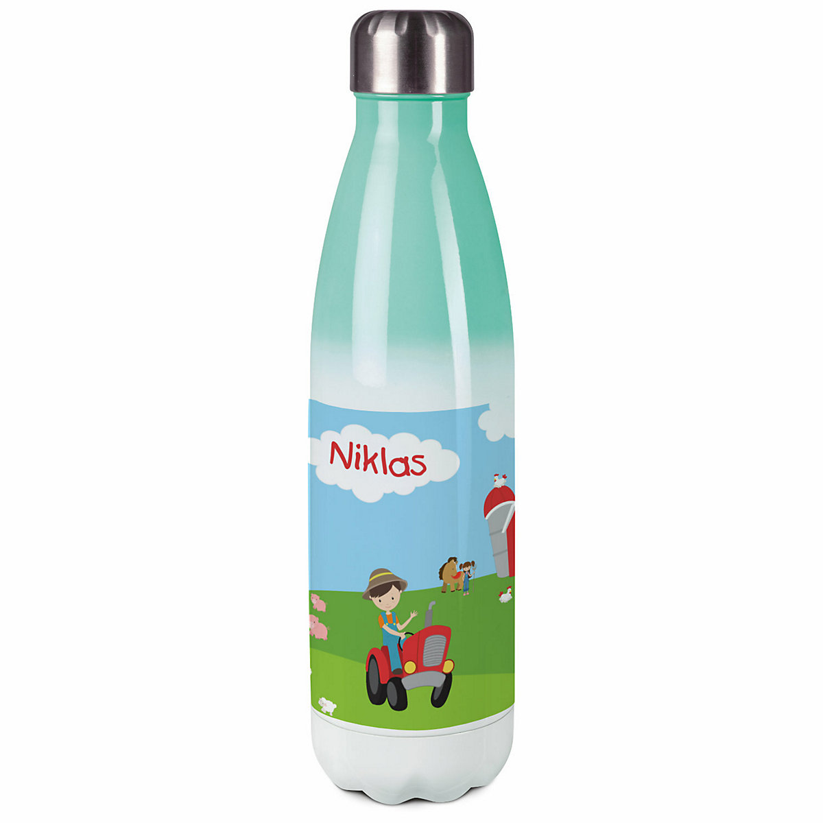 Edelstahl Kinder Thermoflasche / Trinkflasche bunt Bauernhof Spülmaschinenfest, Auslaufsicher, Bruchfest, Doppelwandig, Für Heißgetränke geeignet, Mit Deckel, Isoliert