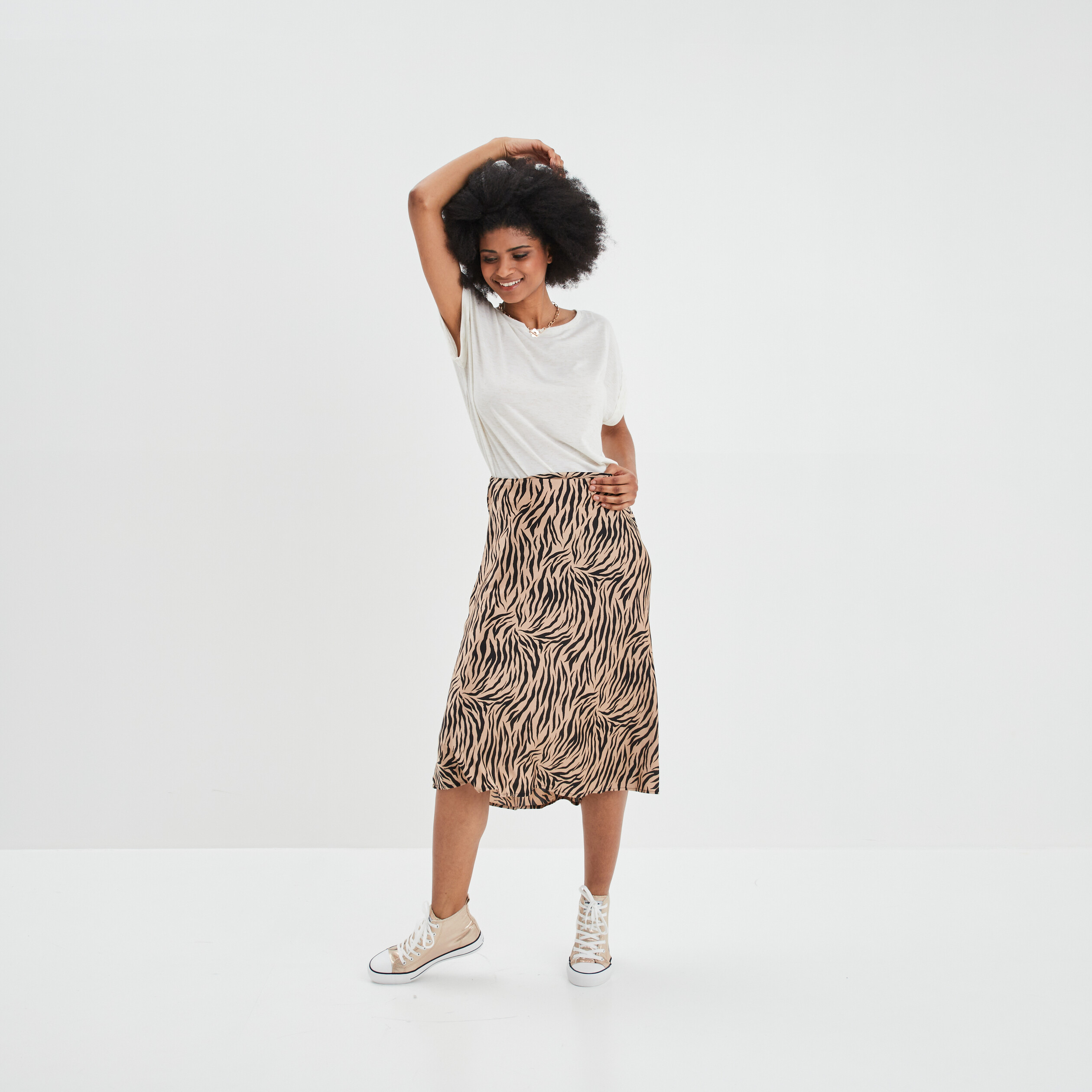 Jupe midi patineuse satinée beige femme | La Halle
