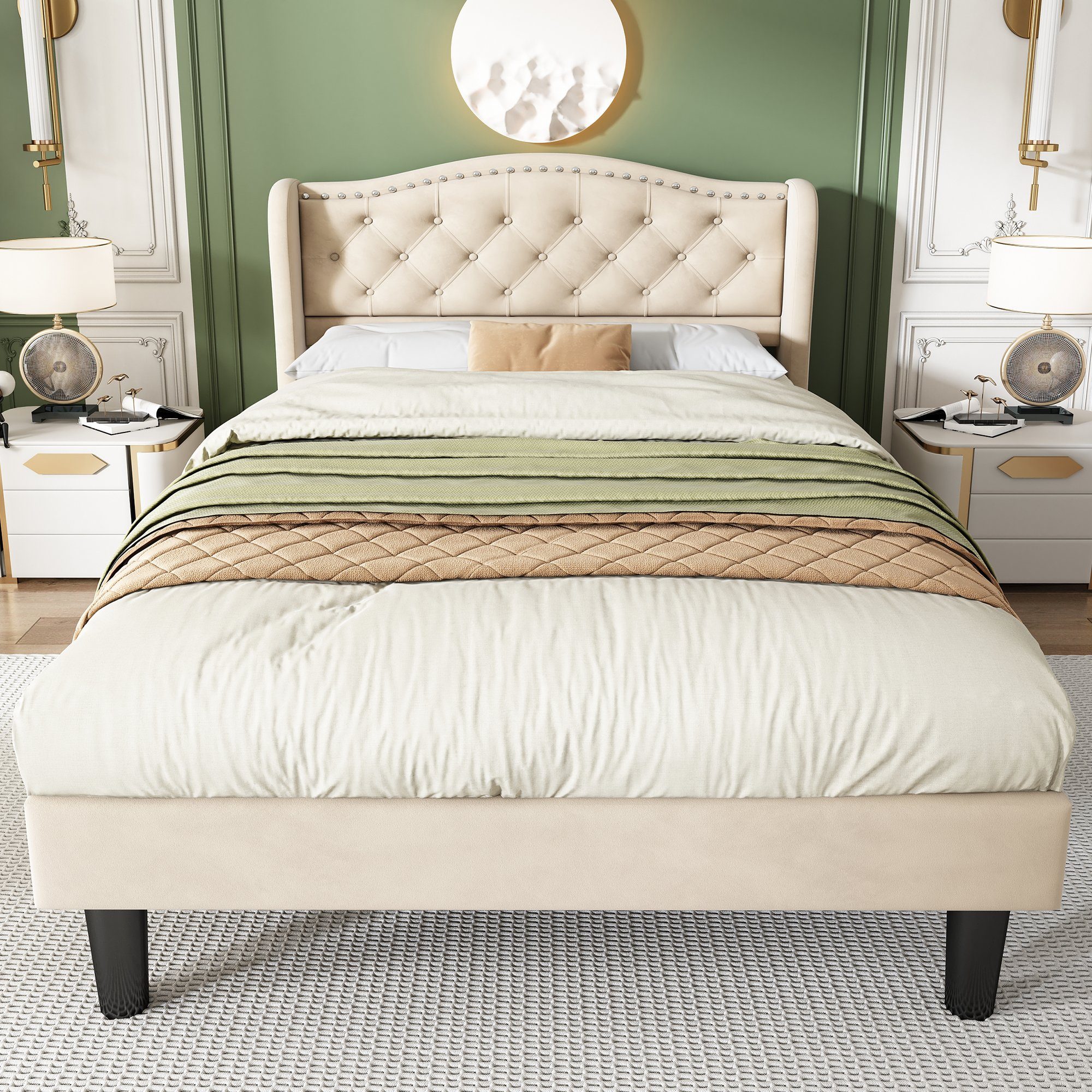 Flieks Polsterbett, Samt Einzelbett mit Polsterkopfteil und Lattenrost 90x200cm Beige