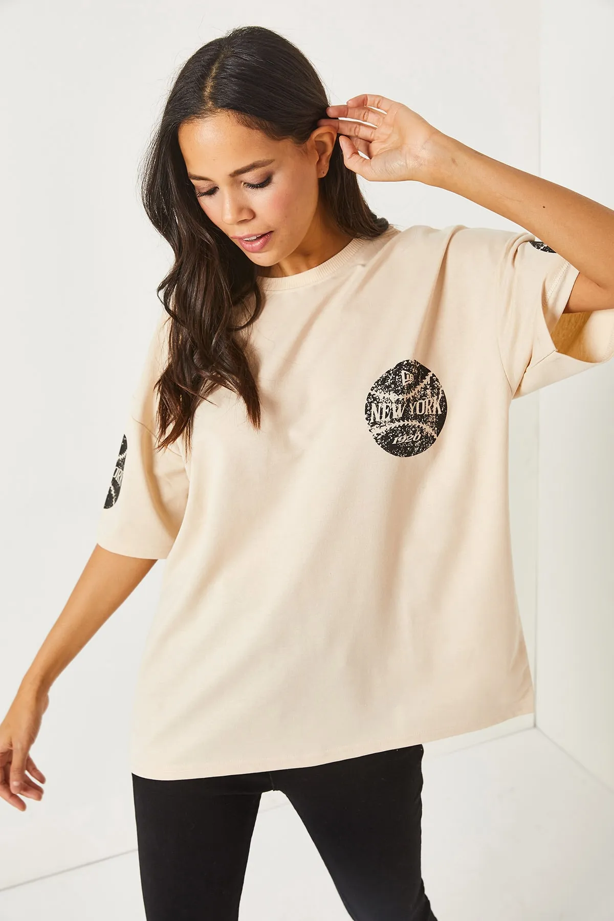 Olalook  Newyork Beige vorne und hinten bedrucktes 2-Faden-Unisex-Oversize-T-Shirt TSH-19000696