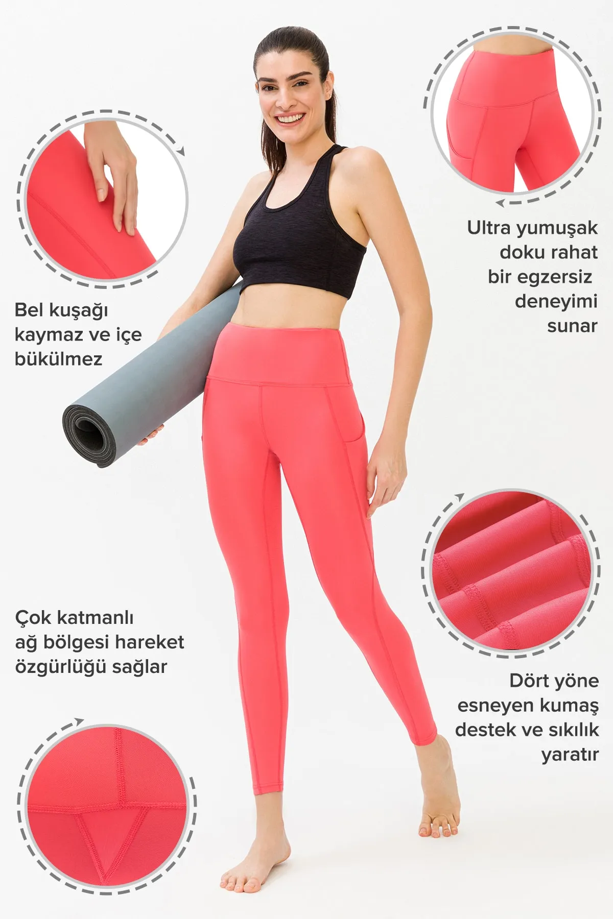 LOS OJOS  Korallefarbene Damen-Sportleggings mit Gürtel und hoher Taille und doppelter Tasche