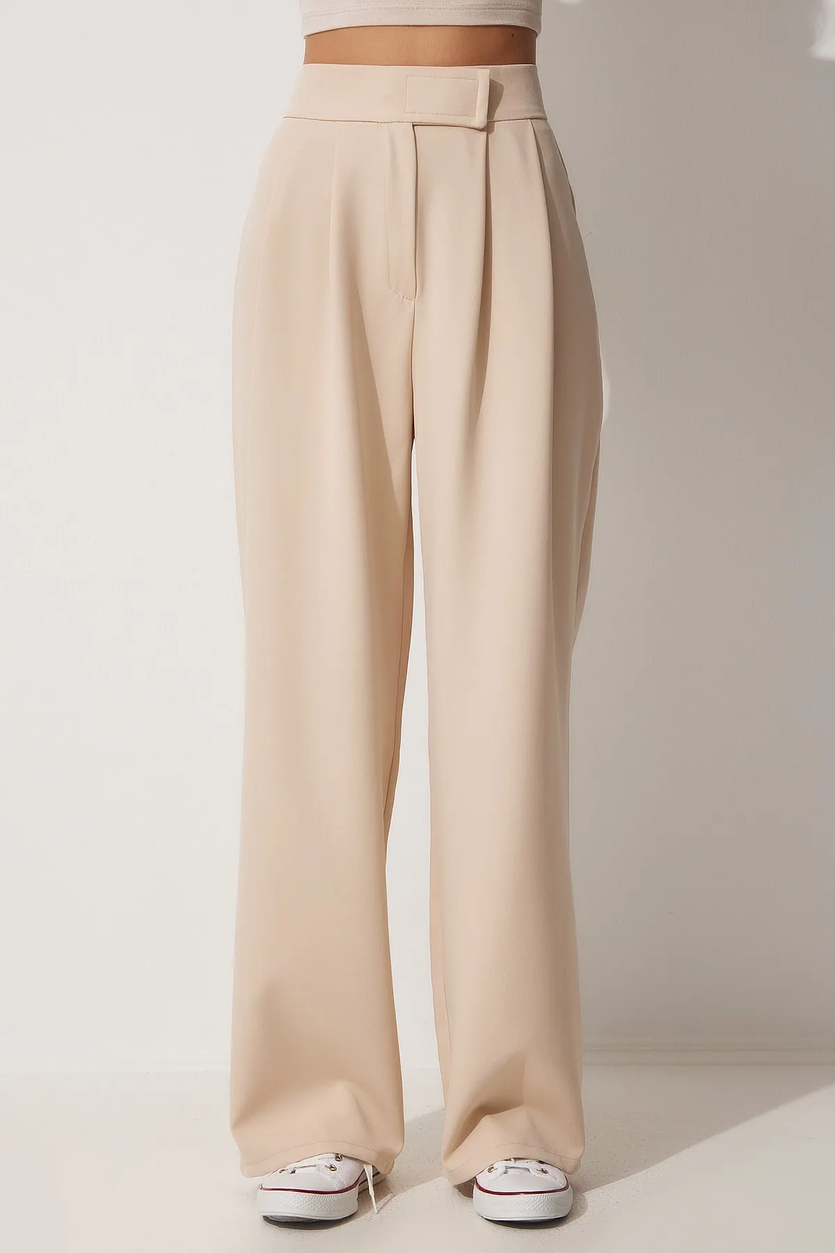 Happiness İstanbul  Cremefarbene, lockere Damenhose mit Klettverschluss YL00001