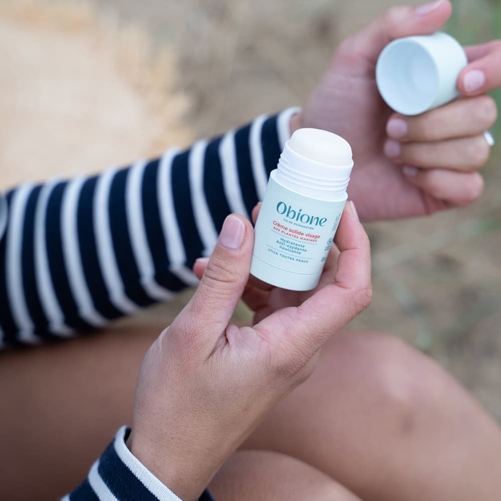 obione Crème solide Visage Bio en Stick - Jouret nuit - Toutes peaux Hydratante, antioxydante, apaisante -  Extrait de plantes marines de Noirmoutier