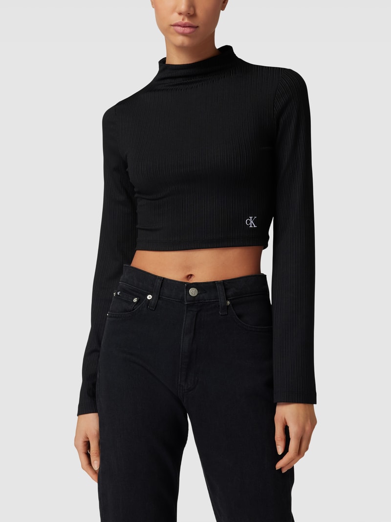Cropped Longsleeve mit Rippstruktur in schwarz