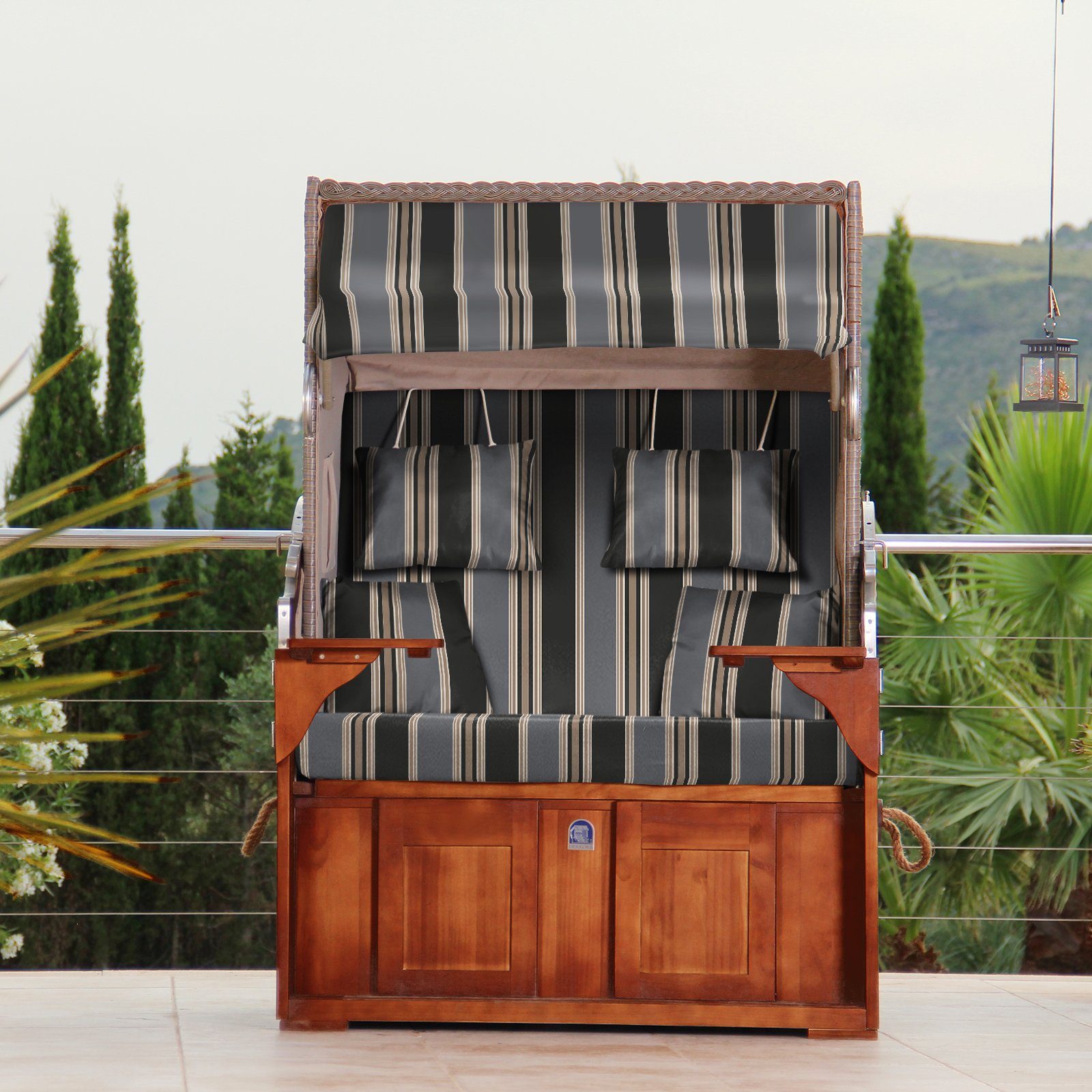 DERKORB Strandkorb Strandkorb 2 Sitzer Ostsee XXL Volllieger, fertig montiert mit Rollen, BxTxH: 120,00x110,00x170,00 cm, Volllieger, Ostsee-Modell-DER KOMPAKTE, 2-Sitzer inkl. Bistrotische