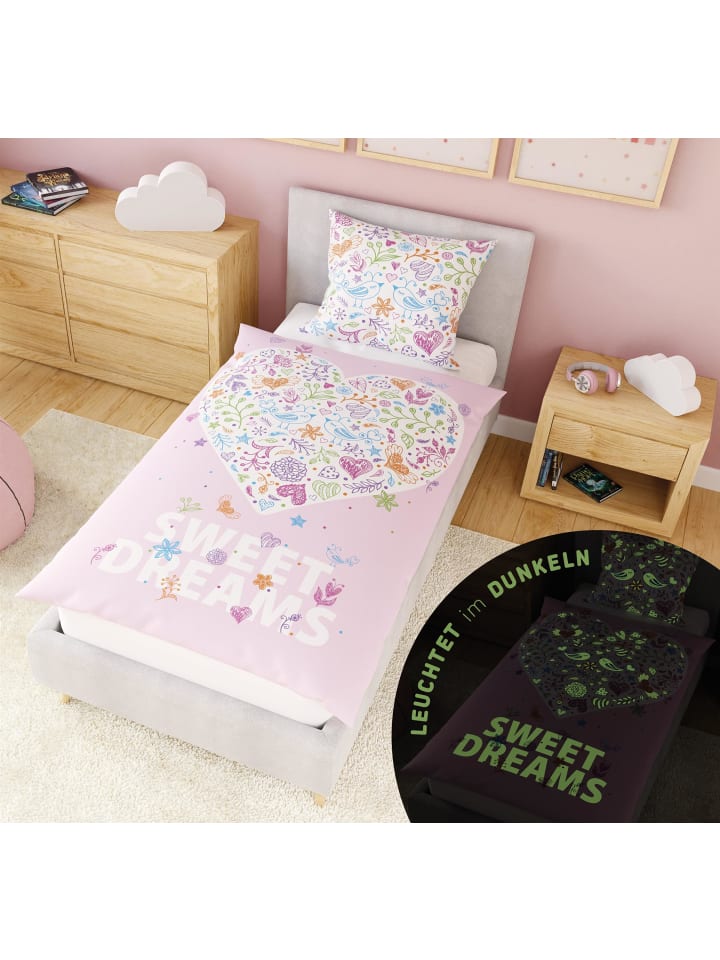 Carpe Sonno Kinder Bettwäsche Mädchen Herz   10 Spiele in Rosa günstig kaufen 135 x 200   80 x 80 cm