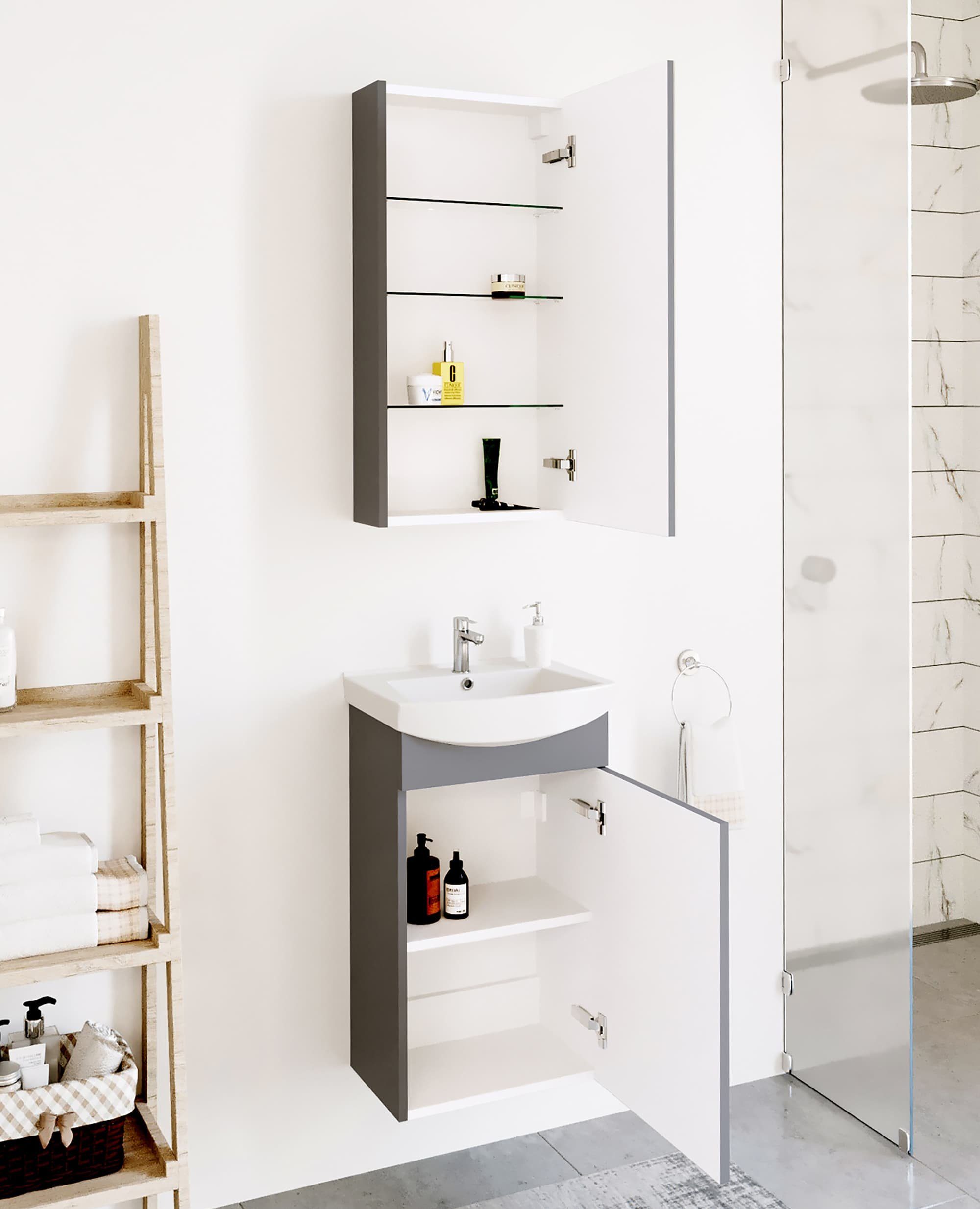 Planetmöbel Badmöbel-Set Waschtischunterschrank mit Spiegelschrank Matt 45cm, (Komplett-Set, 3-St)