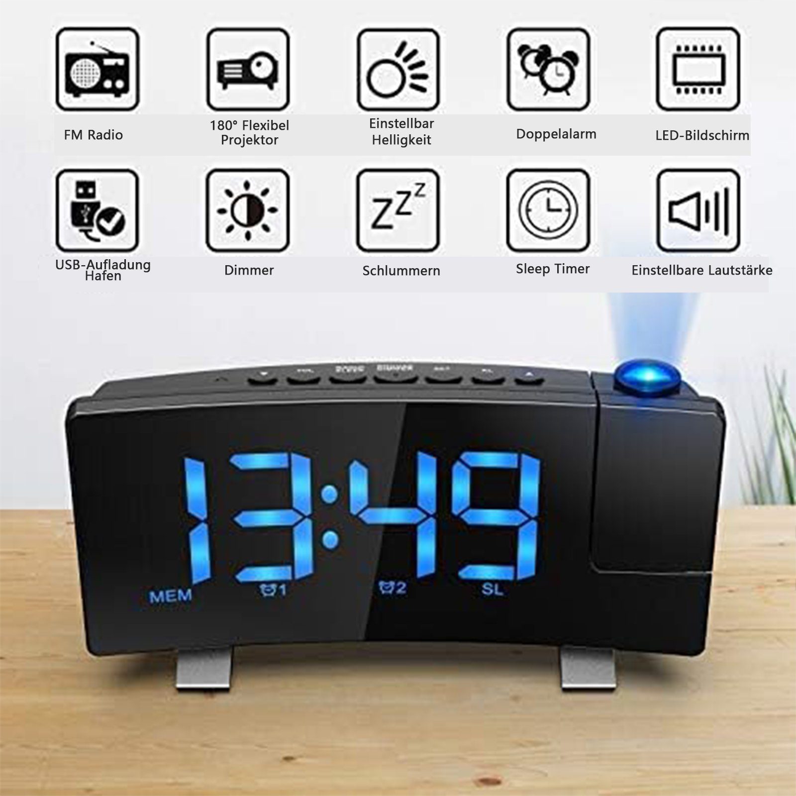 REDOM Projektionswecker Digital Wecker Radiowecker Digitalwecker Projektion LED Alarm Radio ohne Akku Projektion 180 ° LED-Alarm Temperatur 12/24H USB-Anschluss