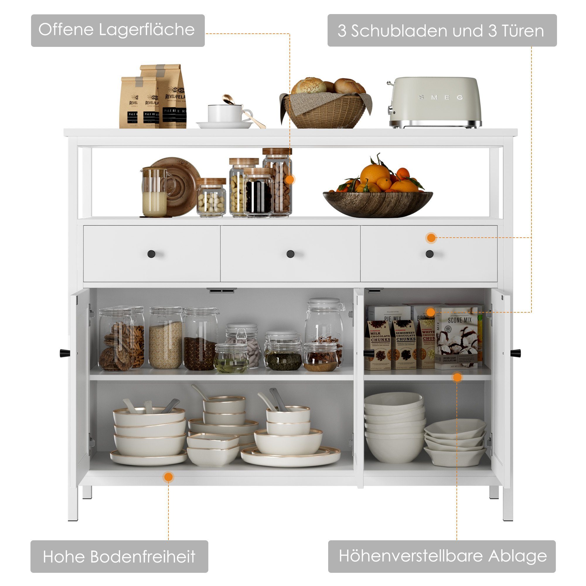 Homfa Sideboard, Küchenschrank mit 3 Schubladen 3 Türen Kommode weiß 108x38x98,5cm