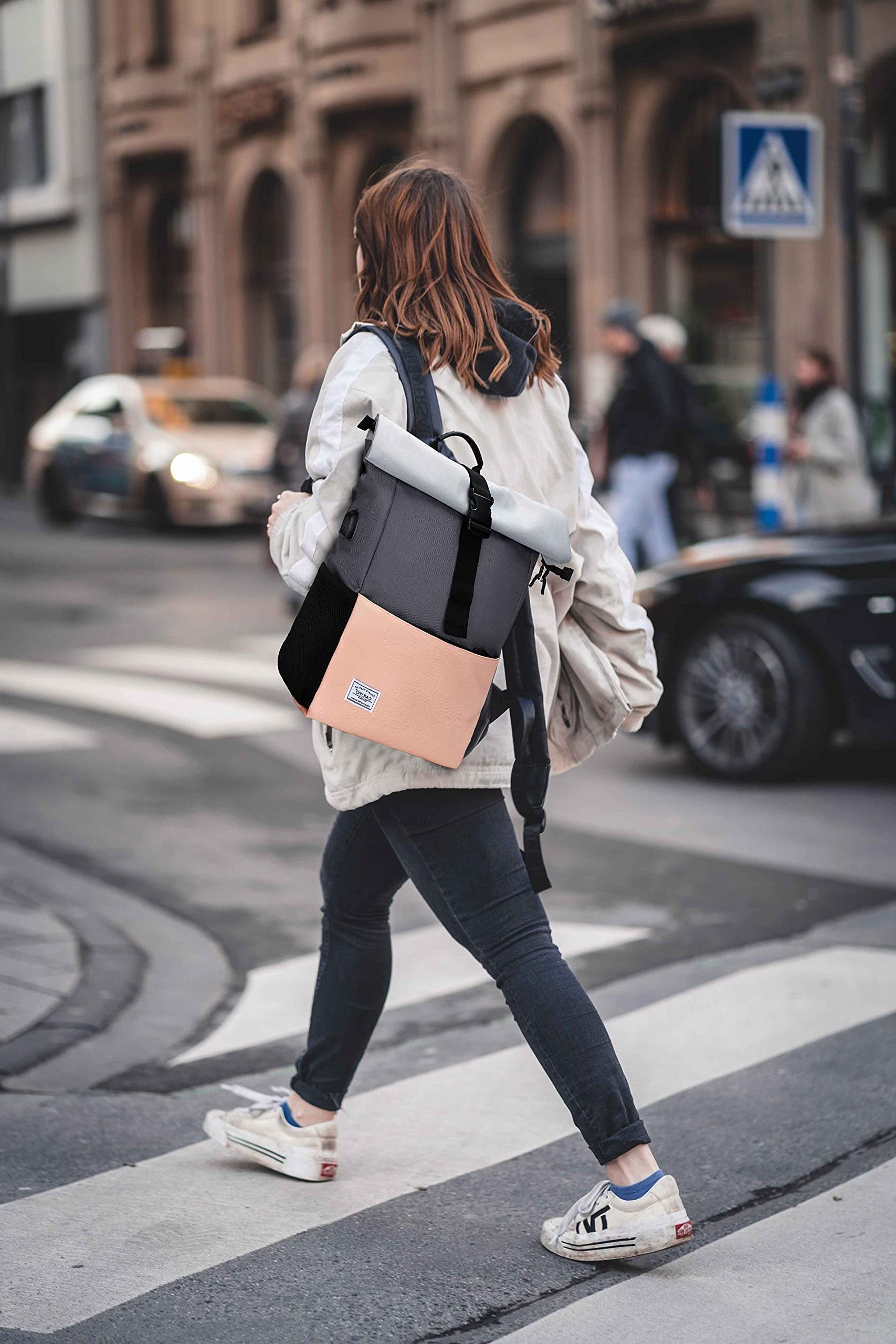 TAN.TOMI Freizeitrucksack Arbeitsrucksack Groß Damen lässiger Rolltop Rucksack Herren Backpack, mit Laptopfach bis 15,6 zoll und externen USB-Anschluss