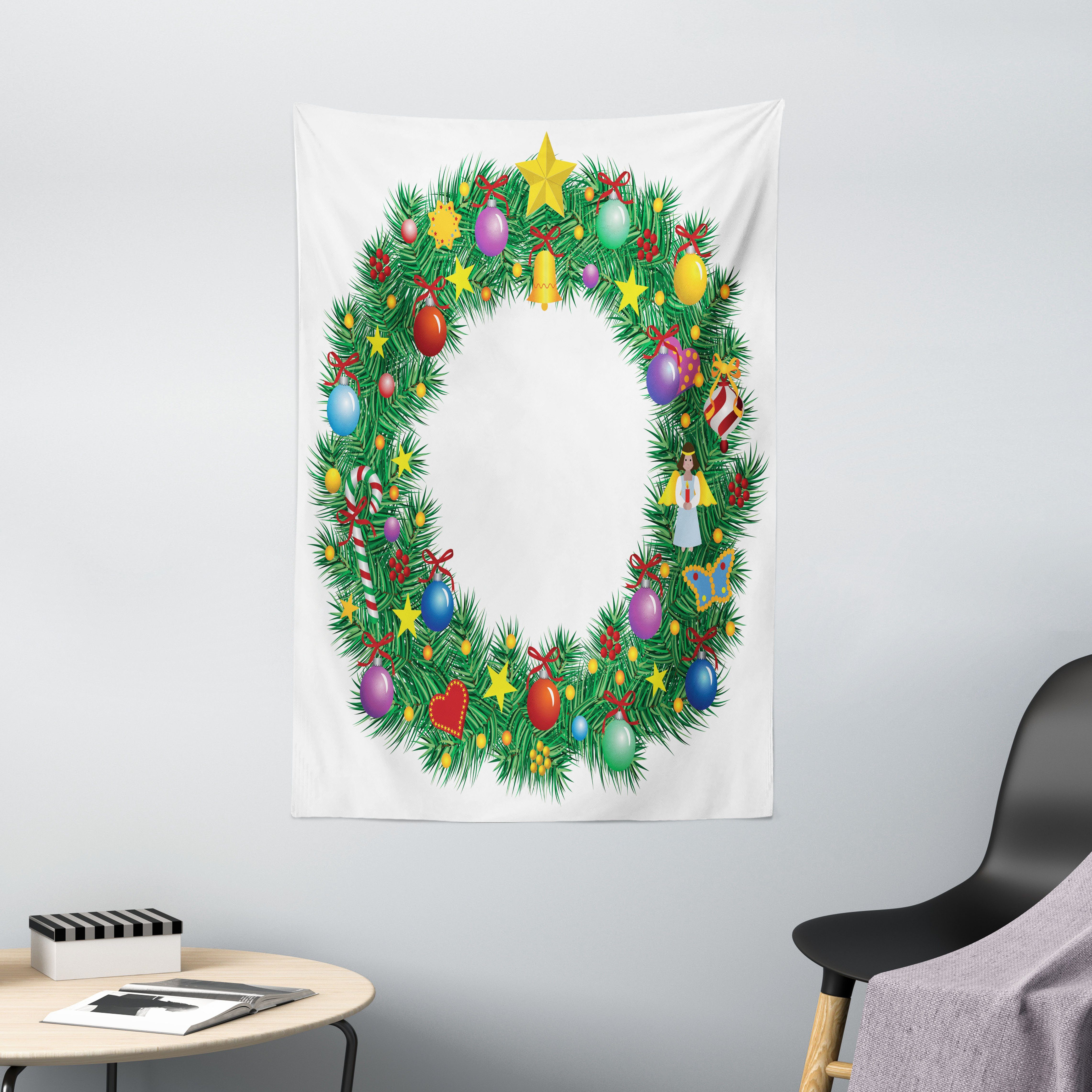 Wandteppich Wohnzimmer Schlafzimmer Wandtuch Seidiges Satin Wandteppich, Abakuhaus, rechteckig, Buchstabe O Buchstabe O Weihnachtskranz
