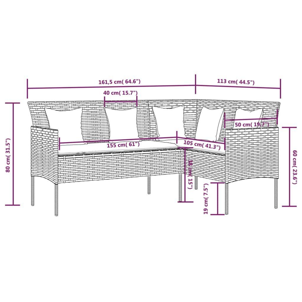 vidaXL Loungesofa Sofa in L-Form mit Kissen Poly Rattan Grau, 1 Teile