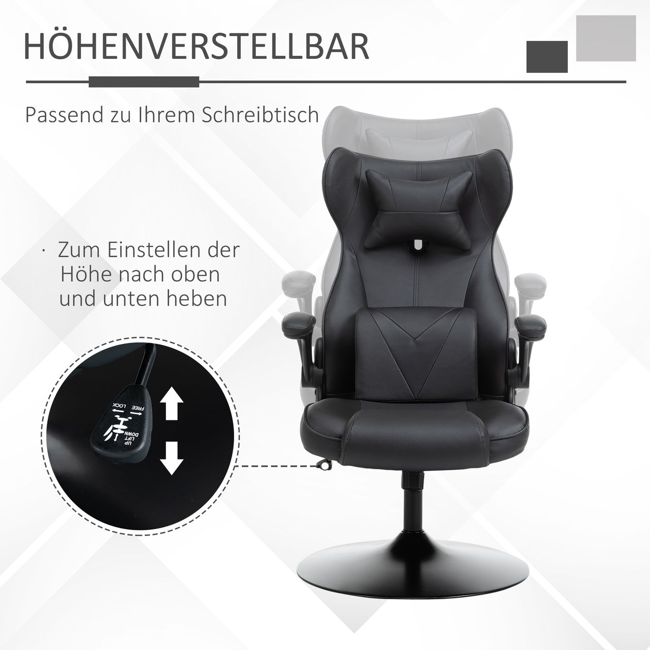HOMCOM Gaming Stuhl Ergonomischer Computerstuhl Bürostuhl Schreibtischstuhl mit Wippenfunktion und Lendenkissen Drehstuhl höhenverstellbar gepolsterter Sitz Metall Schwarz 67x71x112 cm