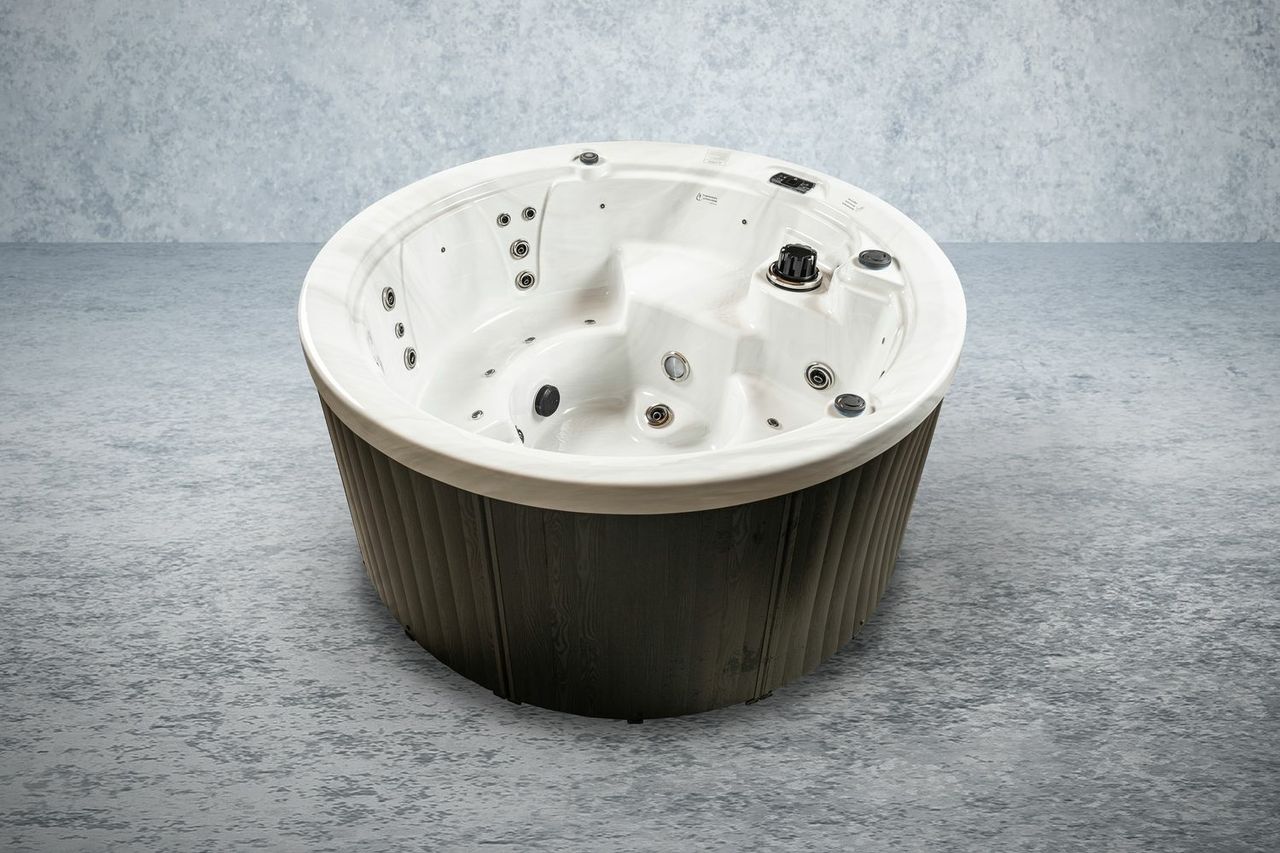 PureHaven American Outdoor-Whirlpool 208x208 cm für 4 Personen mit 33 Massagedüsen Gecko Computersystem Heizung LEDs Farbe Sterling Silber/Grau