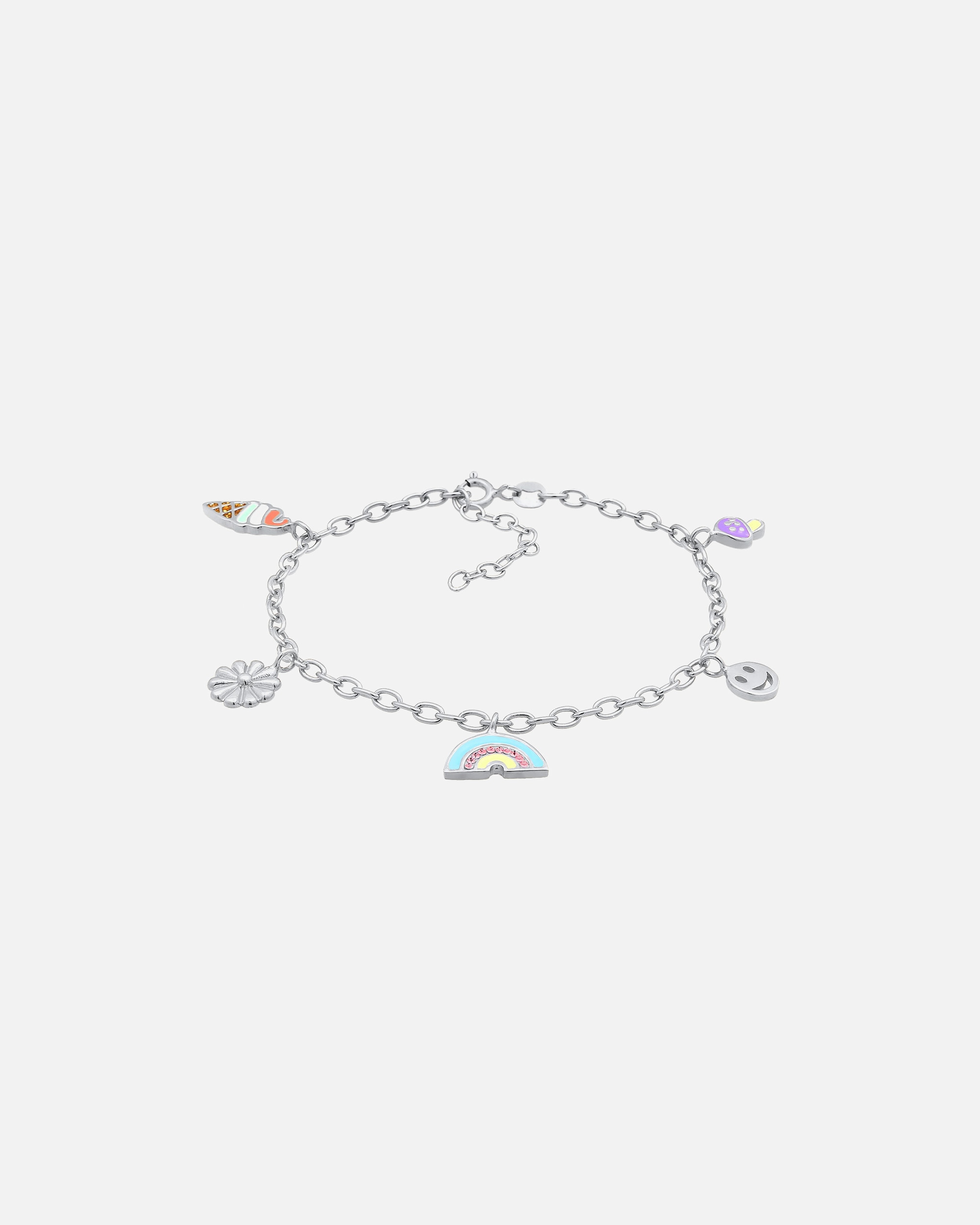 Colgante Elli para mujer con diseño de flor y seta con cara sonriente, esmalte y cristal de vidrio en plata de ley 925.