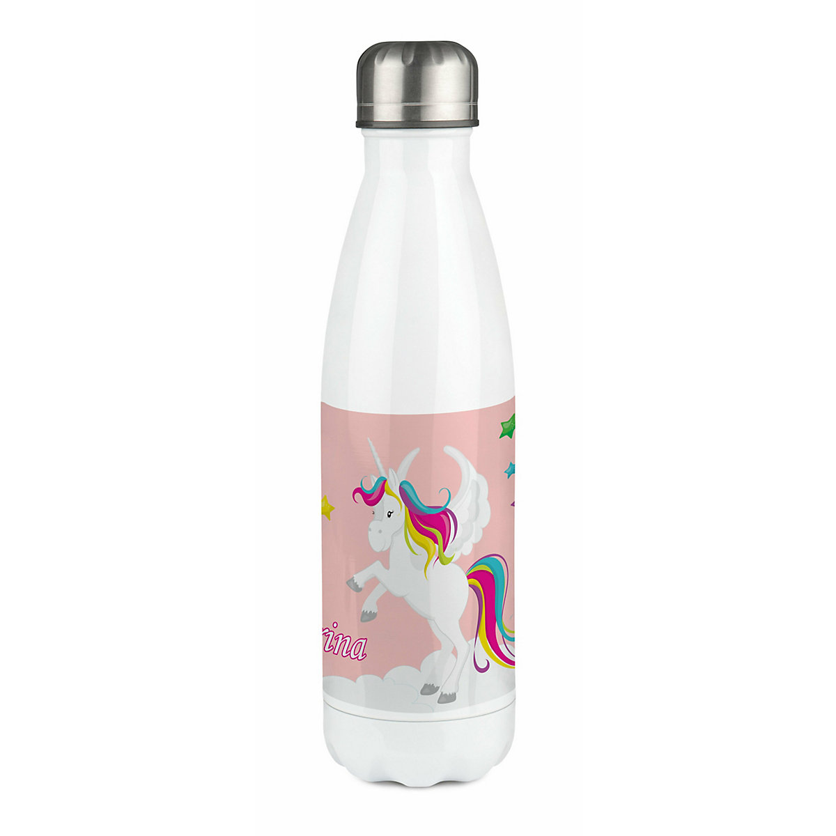 Edelstahl Kinder Thermoflasche / Trinkflasche bunt Pegasus Farbe rosa Spülmaschinenfest, Auslaufsicher, Bruchfest, Doppelwandig, Für Heißgetränke geeignet, Mit Deckel, Isoliert
